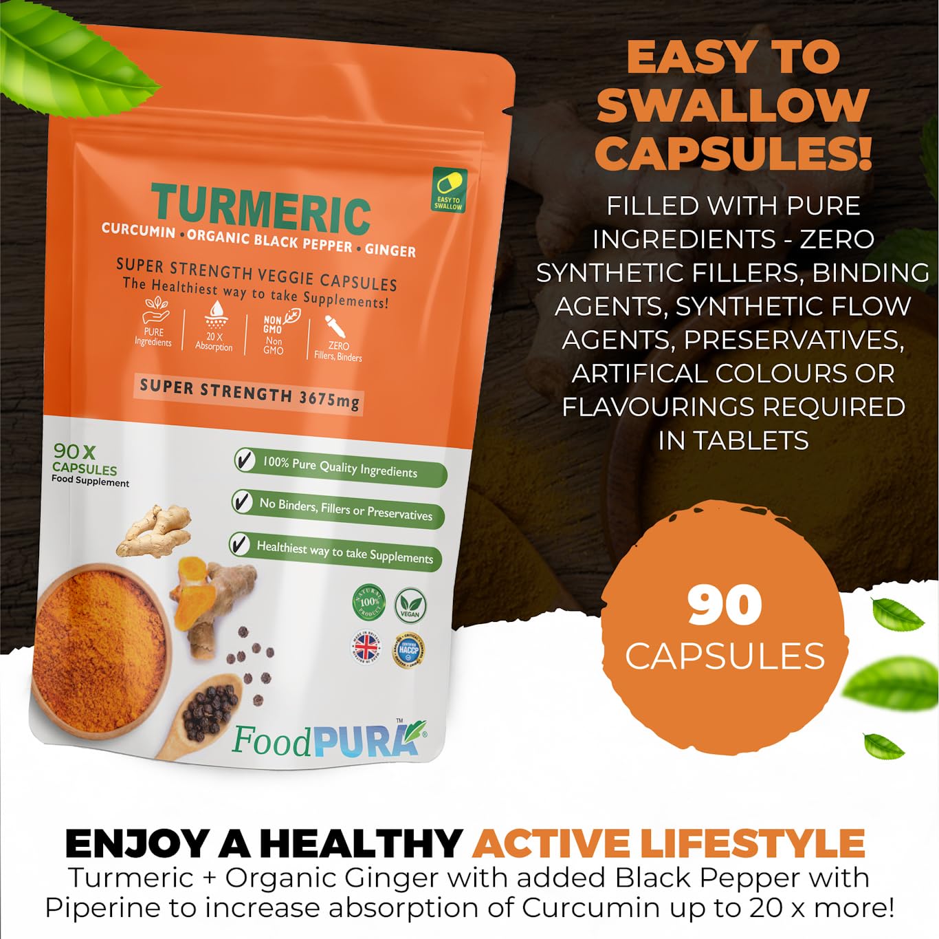 FoodPURA Turmeric Curcumin Capsules with Black Pepper & Ginger High Strength 3675mg HACCP Certified, Manufactured in The UK by FoodPURA (90)