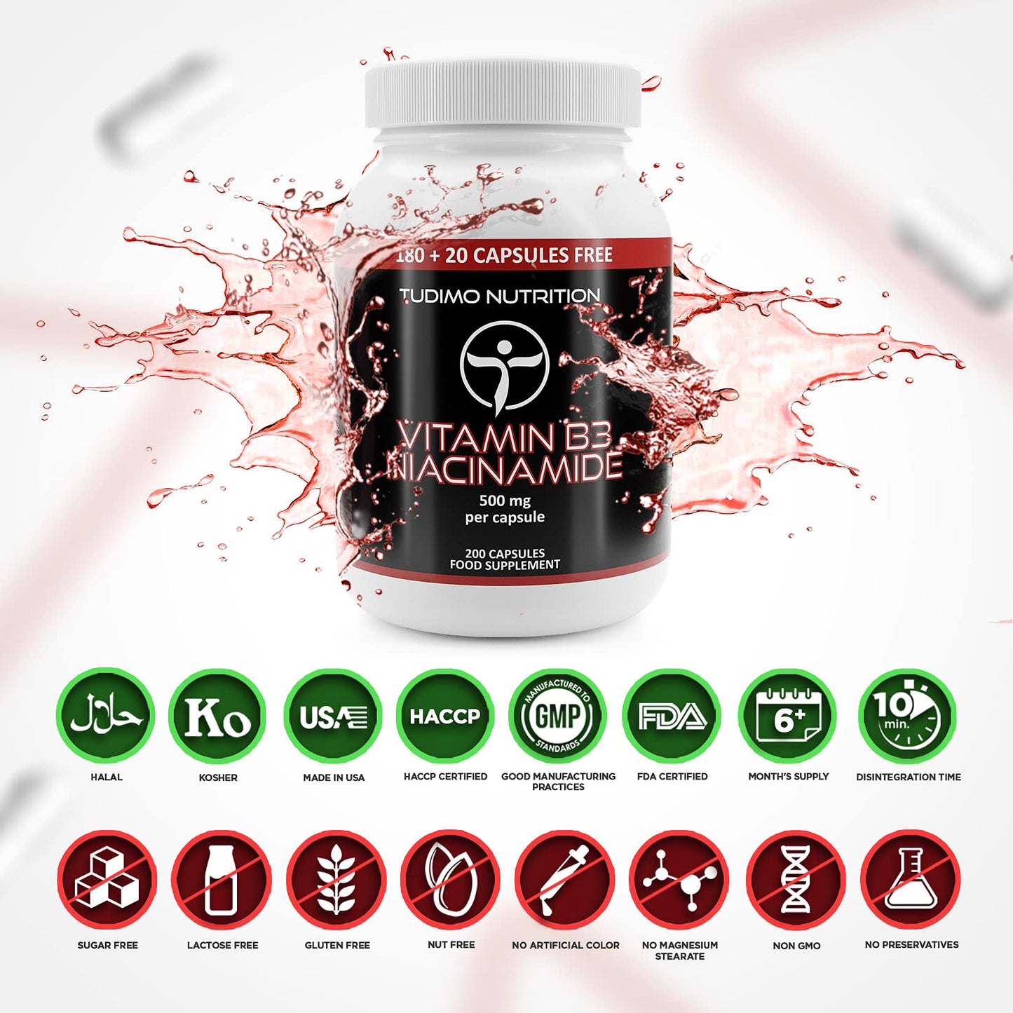 TUDIMO Vitamin B3 Niacinamide Supplement 500mg Flush Free Capsules - 200 High Strength Caps (6+ Month Supply), Each with 500 mg of Pure VIT B3 Nicotinamide 500mg Powder