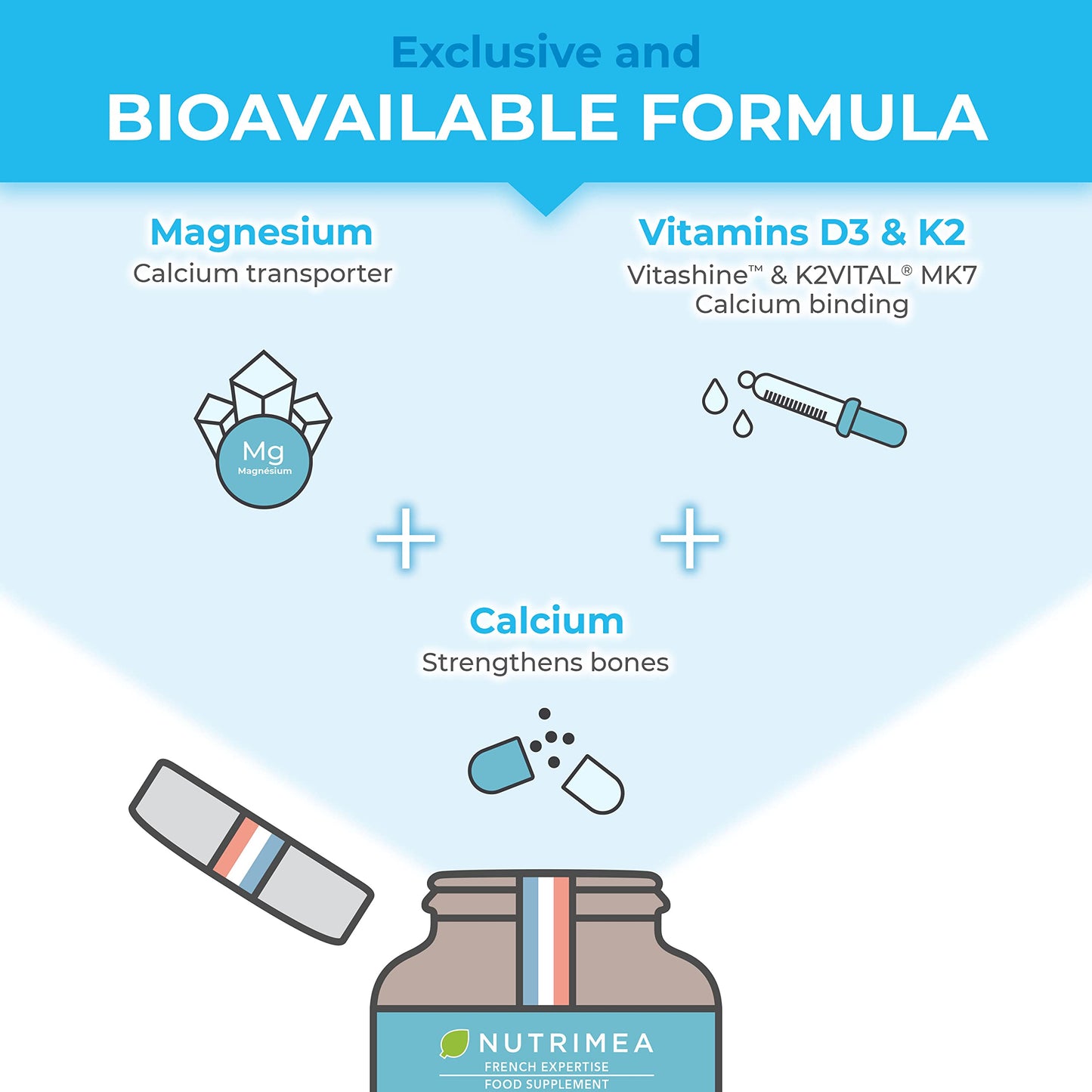 Calcium Magnesium Vitamin D3 & K2 | 120 Vegetarian Capsules | Bone Health Complex | Strengthens Bones and Muscles | Supports Bone Density | French Expertise