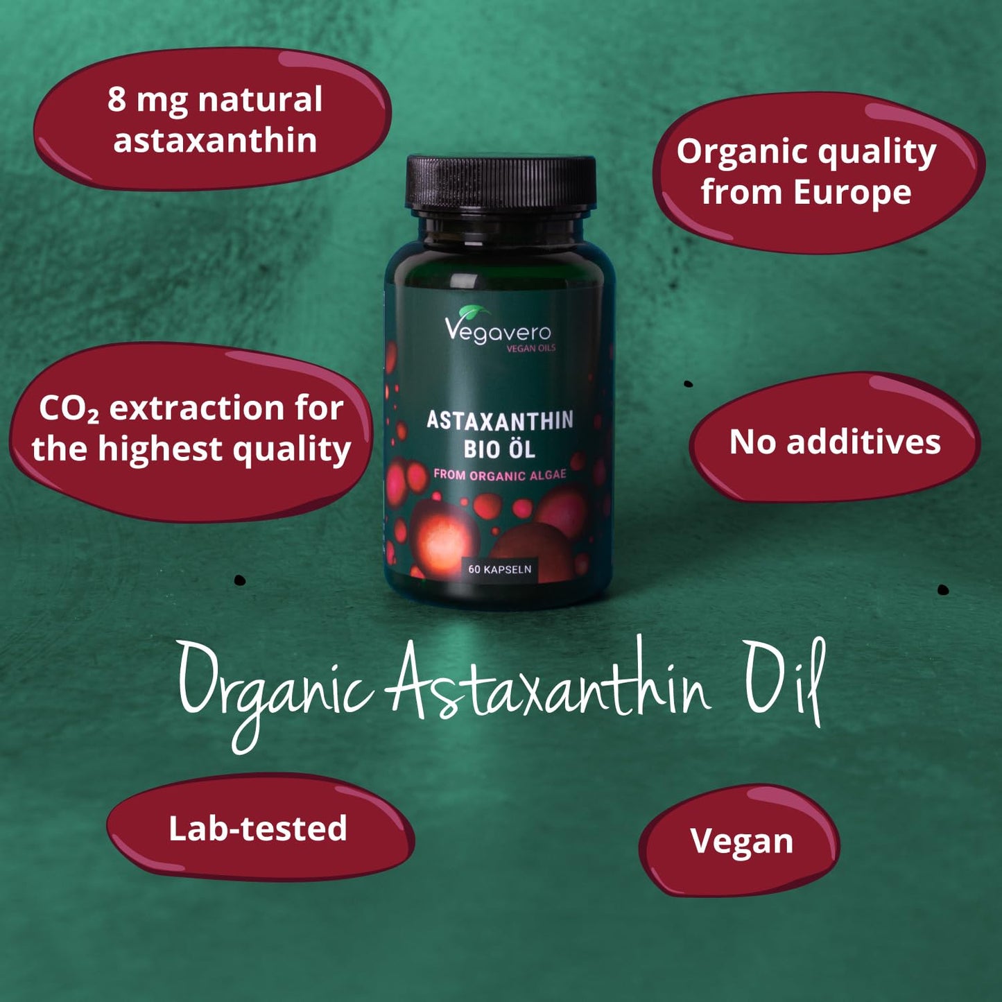 Vegavero Organic Astaxanthin 8mg | Natural Astaxanthin Antioxidant Supplements | Highly Bioavailable | NO Additives, Lab-Tested | 60 Capsules | Vegan
