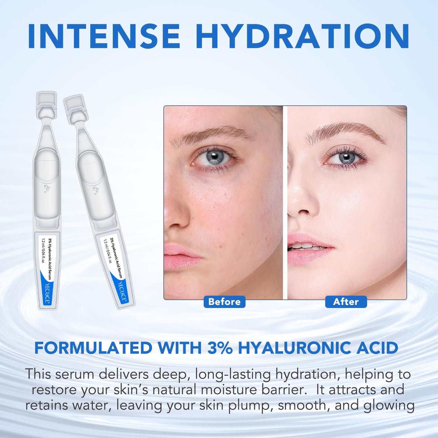 Uocasi Hyaluronic Acid Tubes, 3% Hyaluronic Acid Serum Ultra-Hydrating Vials for face & Skin | Pre-makeup SkinCare | Anti-Aging serum for Sensitive skin, Deep Moisturizing Facial Serum - 30Pcs/Box