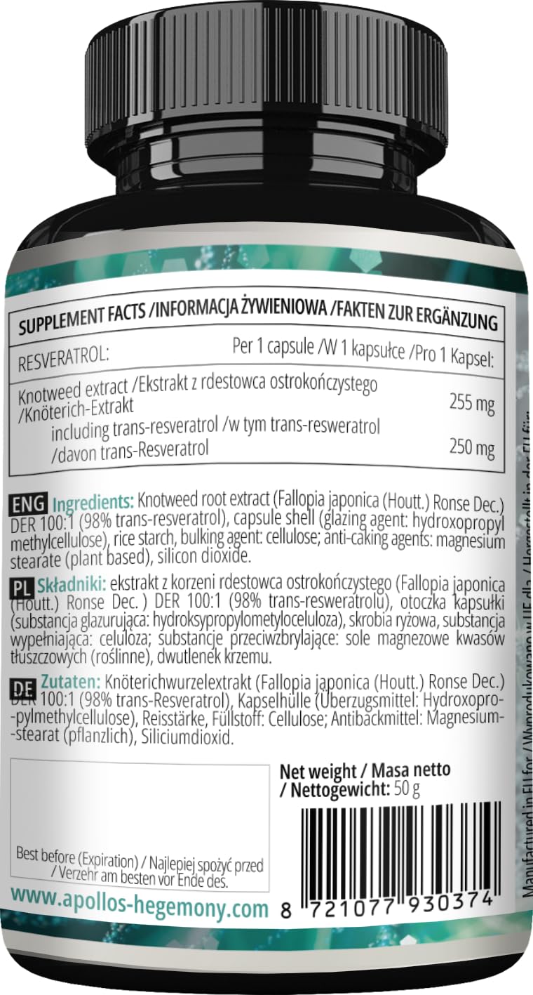 Resveratrol High Dose 400 mg - 60 Vegan Capsules - 2 Months Supply - 98% Trans-Resveratrol from Japanese Knotweed Extract - Natural Antioxidant - by Apollo's Hegemony