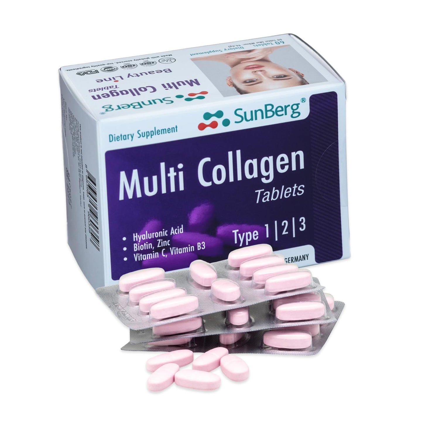 Bodygenix Sunberg Multi Collagen Peptides Tablets - 1000mg Hydrolyzed Collagen Type I, II, III Hyaluronic Acid Biotin for Skin Hair Nail Joints Bones Muscles Teeth - Halal Collagen Complex Supplement 60 Tabs