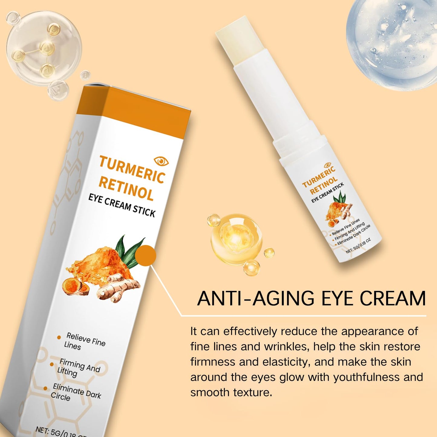Turmeric Retinol Eye Stick, Under Eye Cream Stick for Dark Circles and Puffy Eyes, Anti Wrinkle Eye Cream to Smooth and Firm, Retinol Eye Cream Anti Aging, Turmeric Eye Cream Stick, 2PCS (2)