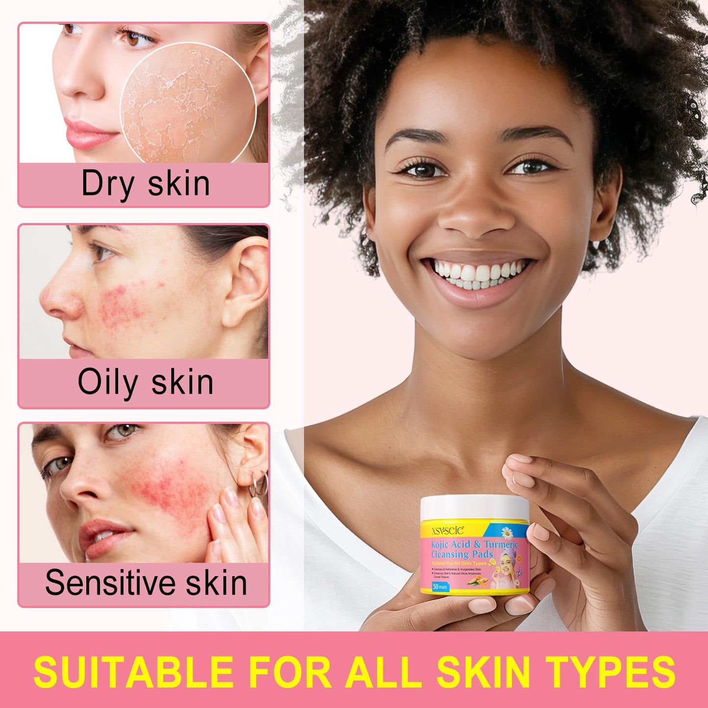 Feeliville Turmeric Kojic Acid Pads, Kojic Acid and Turmeric Cleansing Pads, Infused Foaming Exfoliating Pads Cleansing Pads for Dark Spots, Dull Skin, Unclog Pores, Helps Balance Skin Oil And Water(50 Pads)