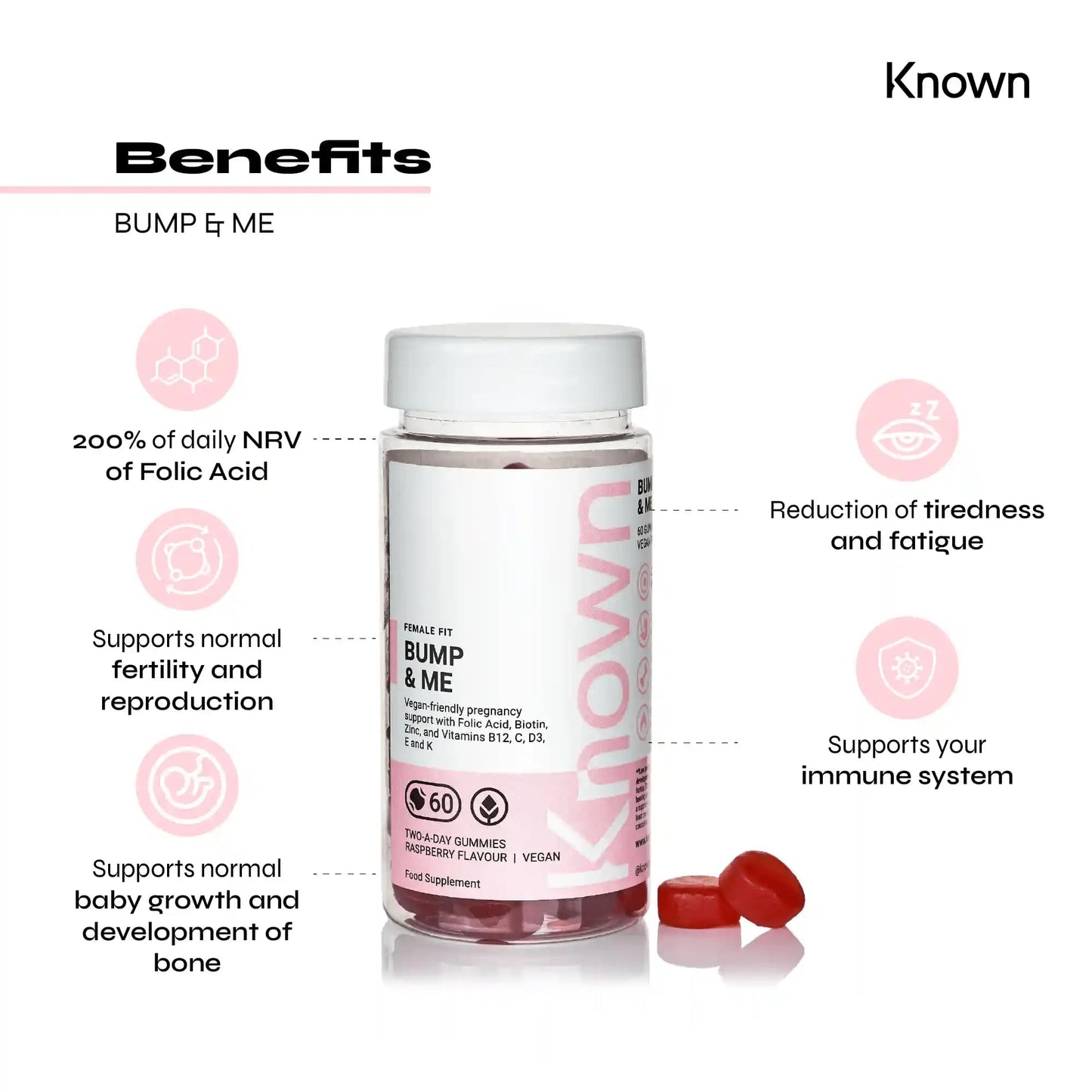 Vegan Bump and Me Folic Acid Pregnancy Vitamin Gummies for Women by Known Nutrition | 60 Two-a-Day Gummies (One Month’s Supply) | Prenatal & Postnatal Support | Raspberry Flavoured Gummies… (1)