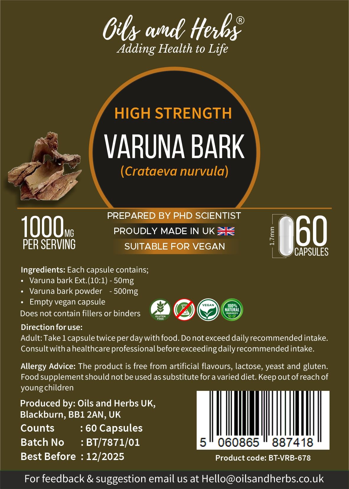 High Strength Varuna Bark Capsule- 1000MG- No fillers or Binders- Made in UK- Prepared by Phd Scientist