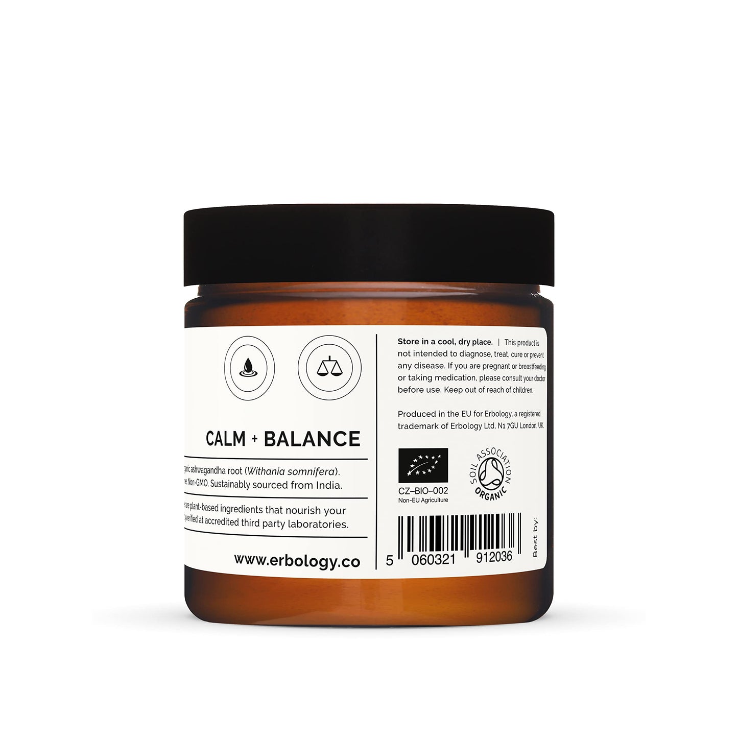 Erbology 100% Organic Ashwagandha Powder 50g - Sleep Aid - Straight from Farm - Raw, Vegan and Gluten-Free - Non-GMO - No Additives or Preservatives - Recyclable Glass Jar