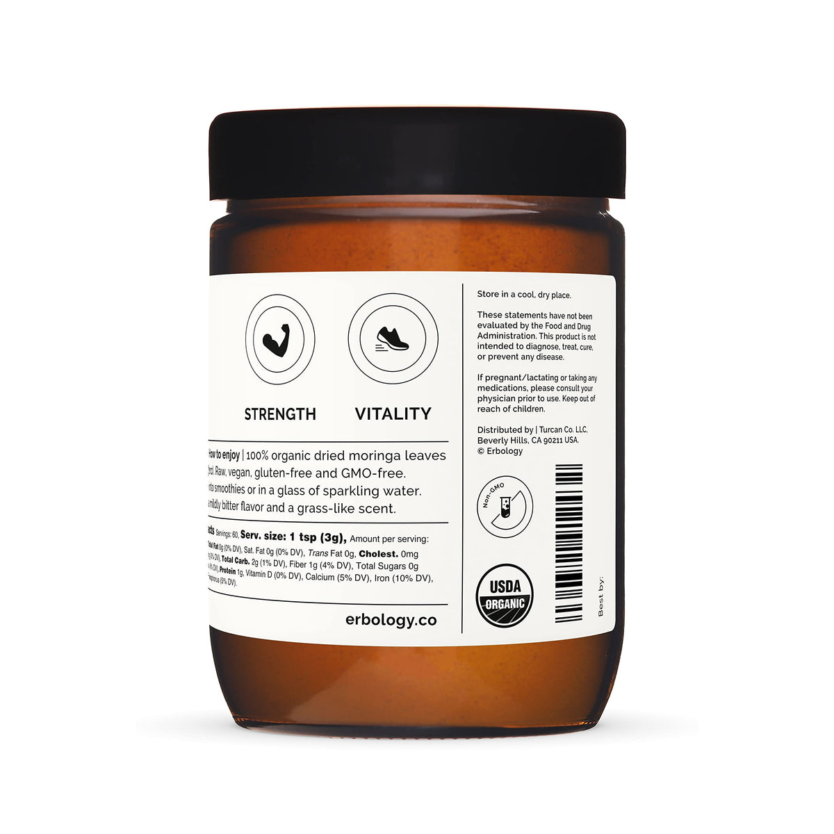 Erbology Organic Moringa Leaf Powder 90g - 45 Servings - Immunity Support - Rich in Calcium and Iron - Sustainably Sourced Straight from Farm in India - Small Batch - Vegan - GMO-Free
