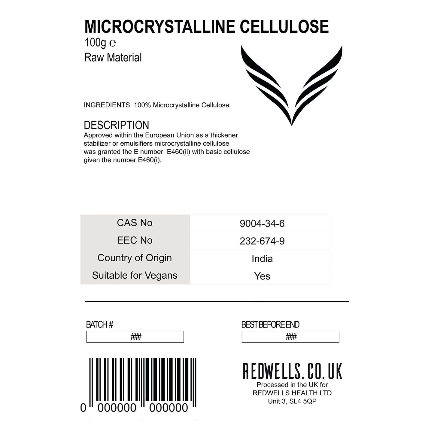 Microcrystalline Cellulose Powder REDWELLS Tablet Excipient - 100g Pack