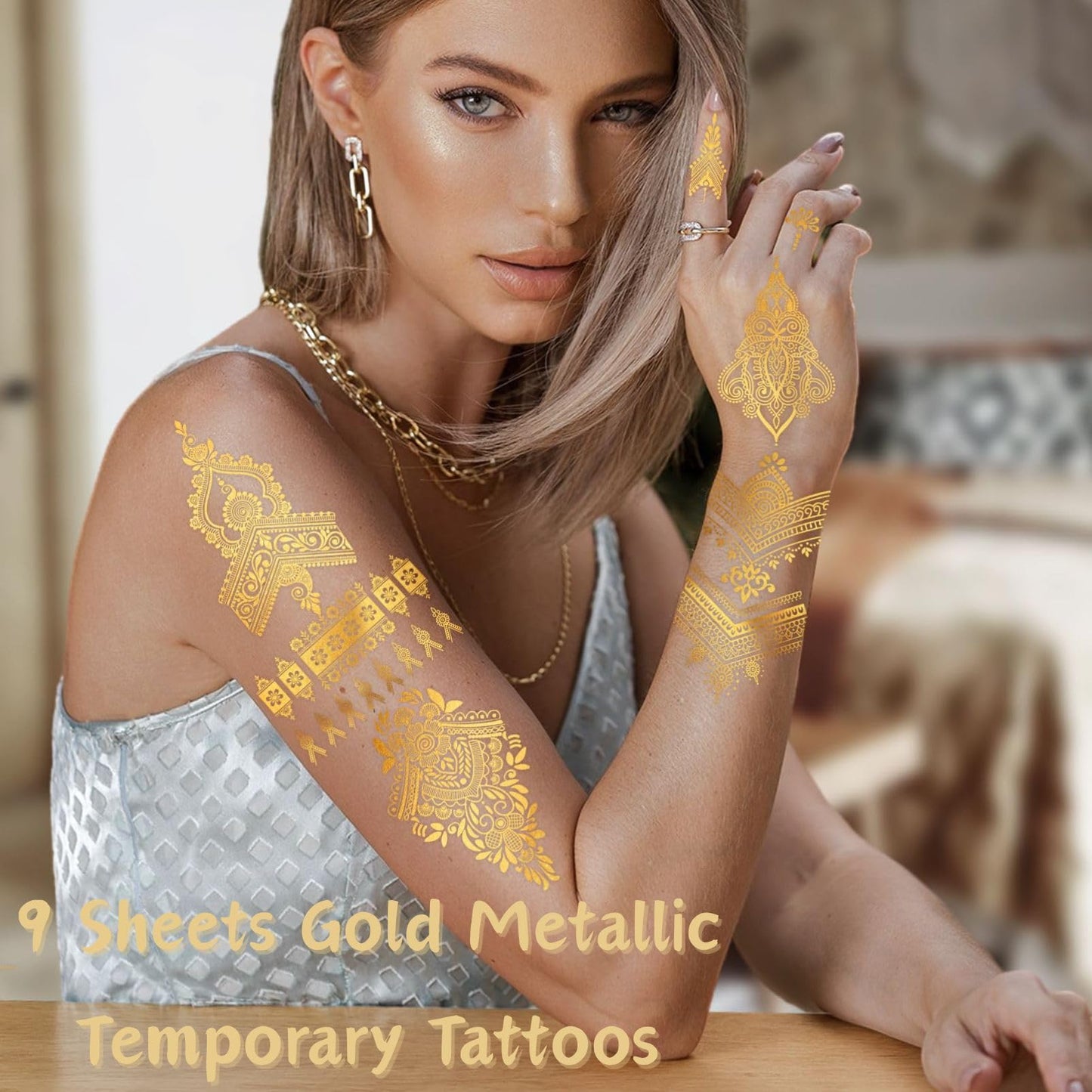 SHEBEEDO 9 Sheets Gold Metallic Temporary Tattoos,110+ Shimmer Glitter Designs Floral, Mandala,necklaces,Waterproof Long Lasting Body & Face Art Sticker for Women & Girls, Festival, Party, Beach, Cosplay