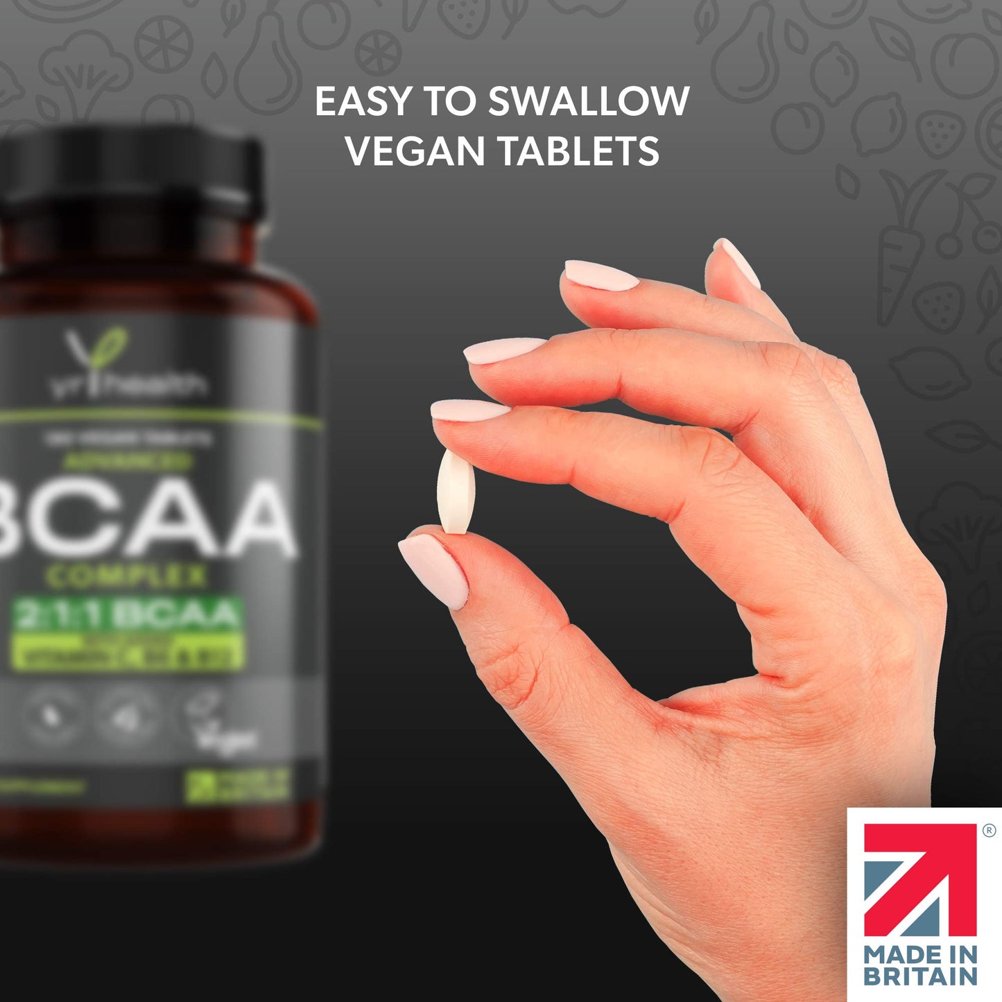 Vegan BCAA Tablets 1500mg - 2:1:1 BCAAs Branch Chain Amino Acids L-Leucine, L-Isoleucine, L-Valine with Vitamin B6, C & B12-180 Tablets not Capsules - Made in The UK by YrHealth