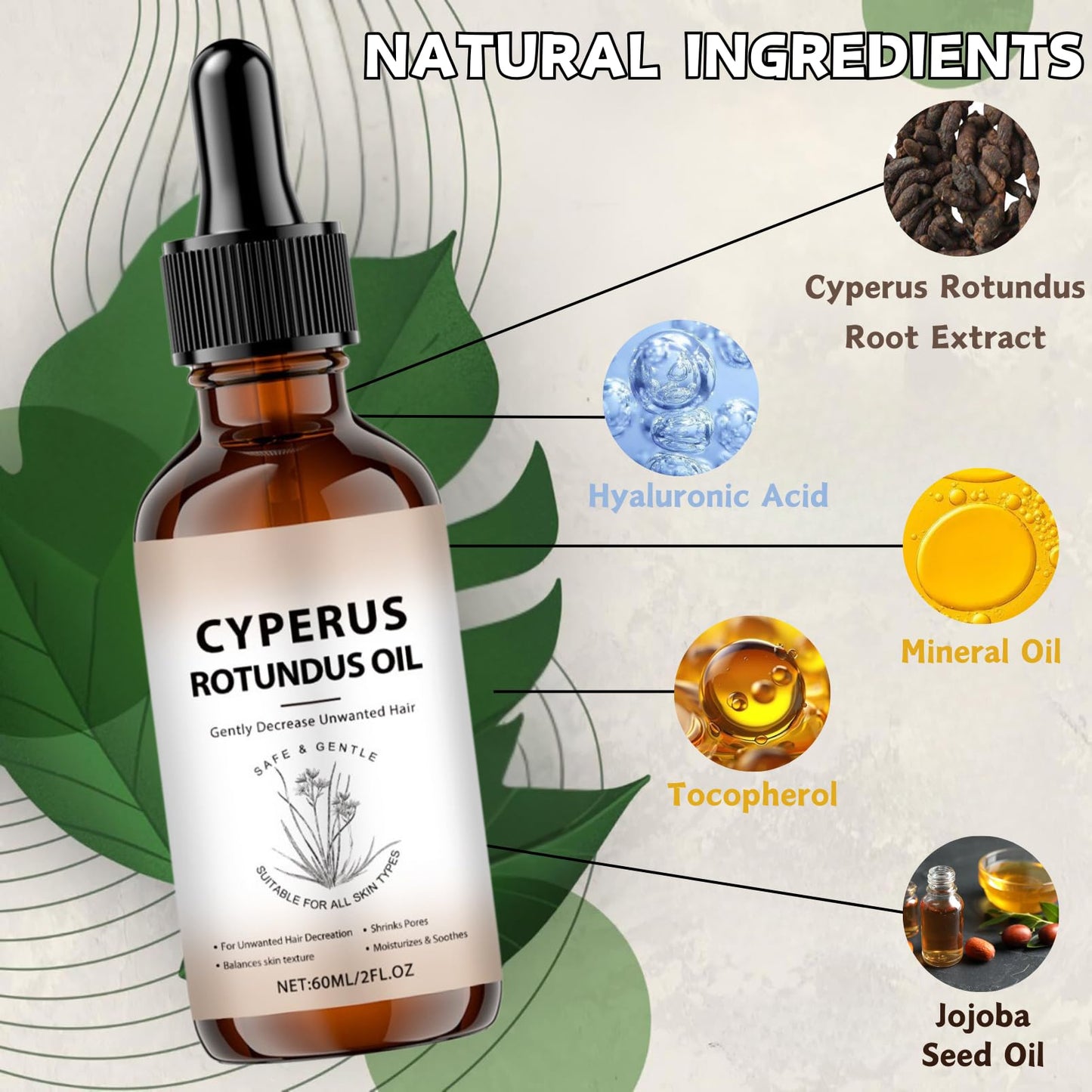 Cyperus Rotundus Oil, Natural Cyprus Rotundus Oil for Hair Removal, Hair Growth Inhibitor & Hydrating Body Oils for Smooth Skin, Reduce Unwanted Body Hair, Cyperus Oils for Face & Body, 60ml