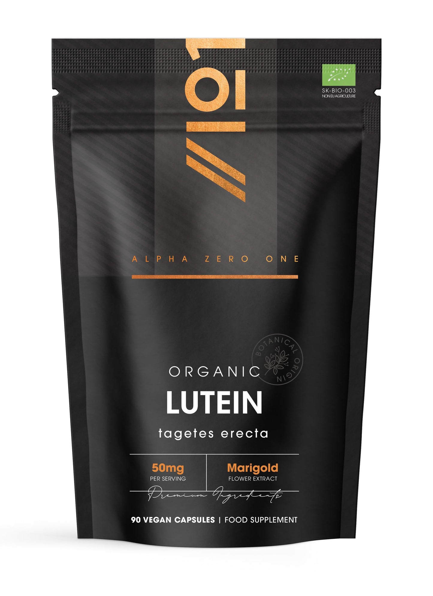Organic Lutein 50mg – from Marigold Flower Extract – 90 Vegan Capsules (3 Month Supply) – High Strength Lutein Supplement – Resealable and Recyclable Pouch – by Alpha01