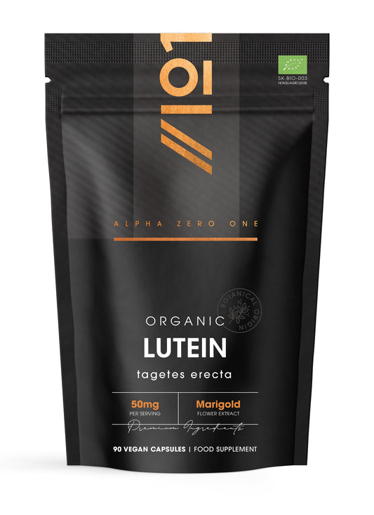 Organic Lutein 50mg – from Marigold Flower Extract – 90 Vegan Capsules (3 Month Supply) – High Strength Lutein Supplement – Resealable and Recyclable Pouch – by Alpha01