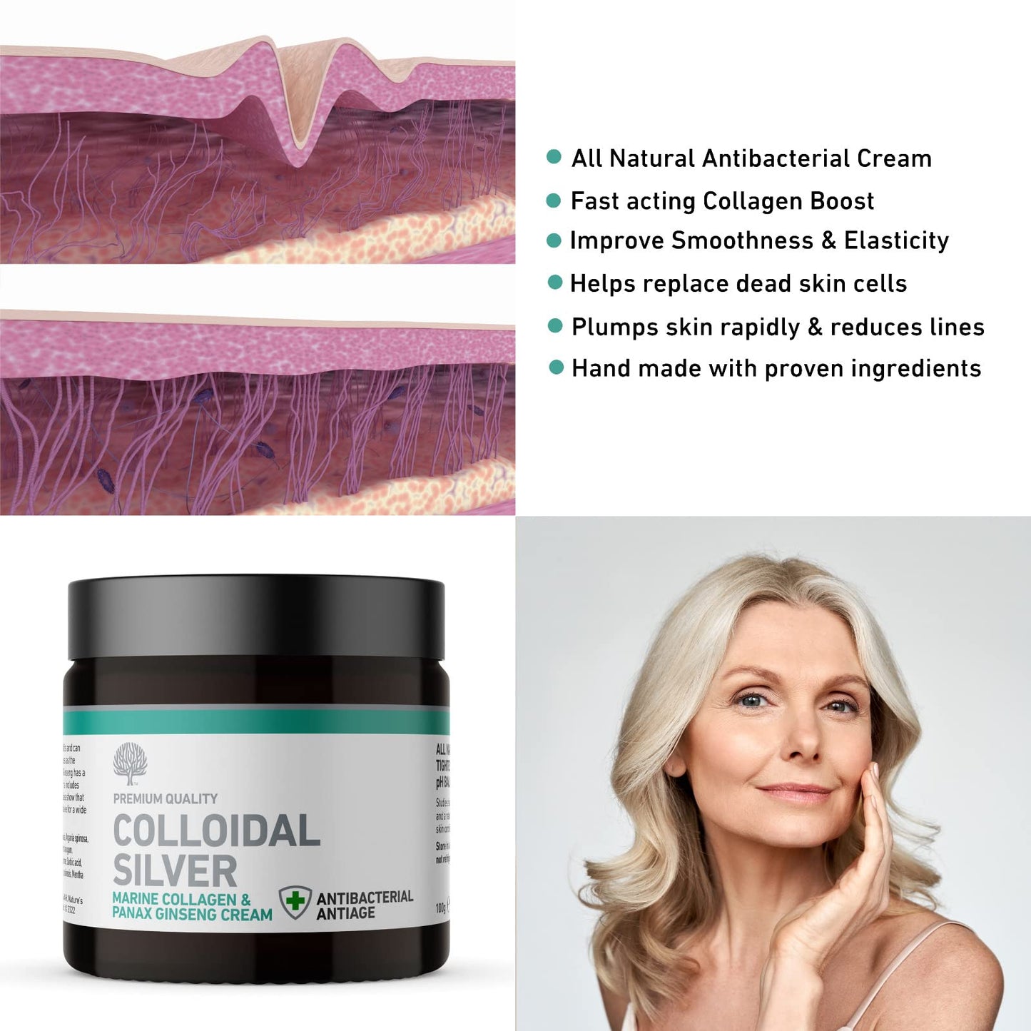 Nature's Greatest Secret All Natural Premium Quality Colloidal Silver Marine Collagen and Panax Ginseng Antiaging Cream 100g