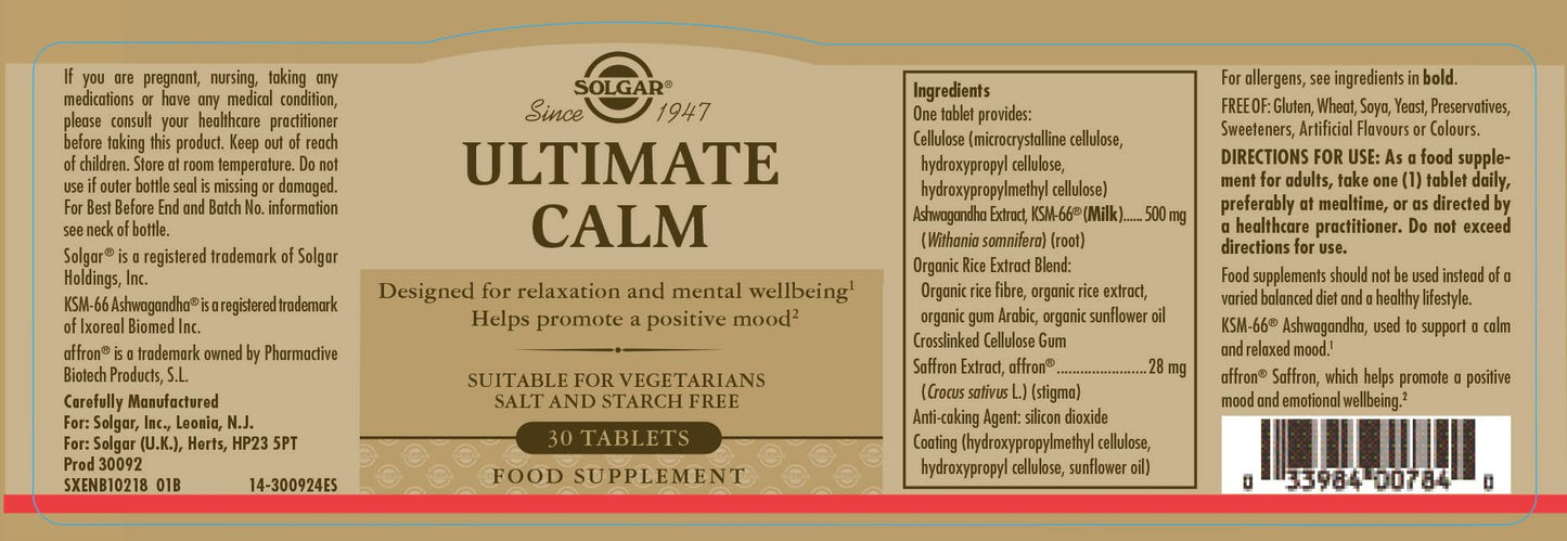 SOLGAR Solgar Ultimate Calm Tablets - Pack of 30 - Supports Relaxation and Mental Wellbeing - Vegan and Gluten Free Gold