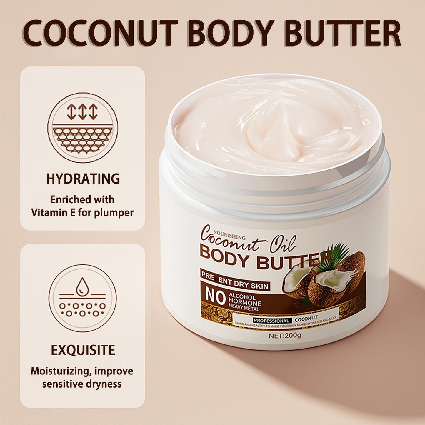 NatrLuxe 200g Coconut Body Butter - Body Cream For Women - Hydrating Lotion For Dry Skin - Moisturizer With Coconut Oil - Smooth, Improve Skin Texture