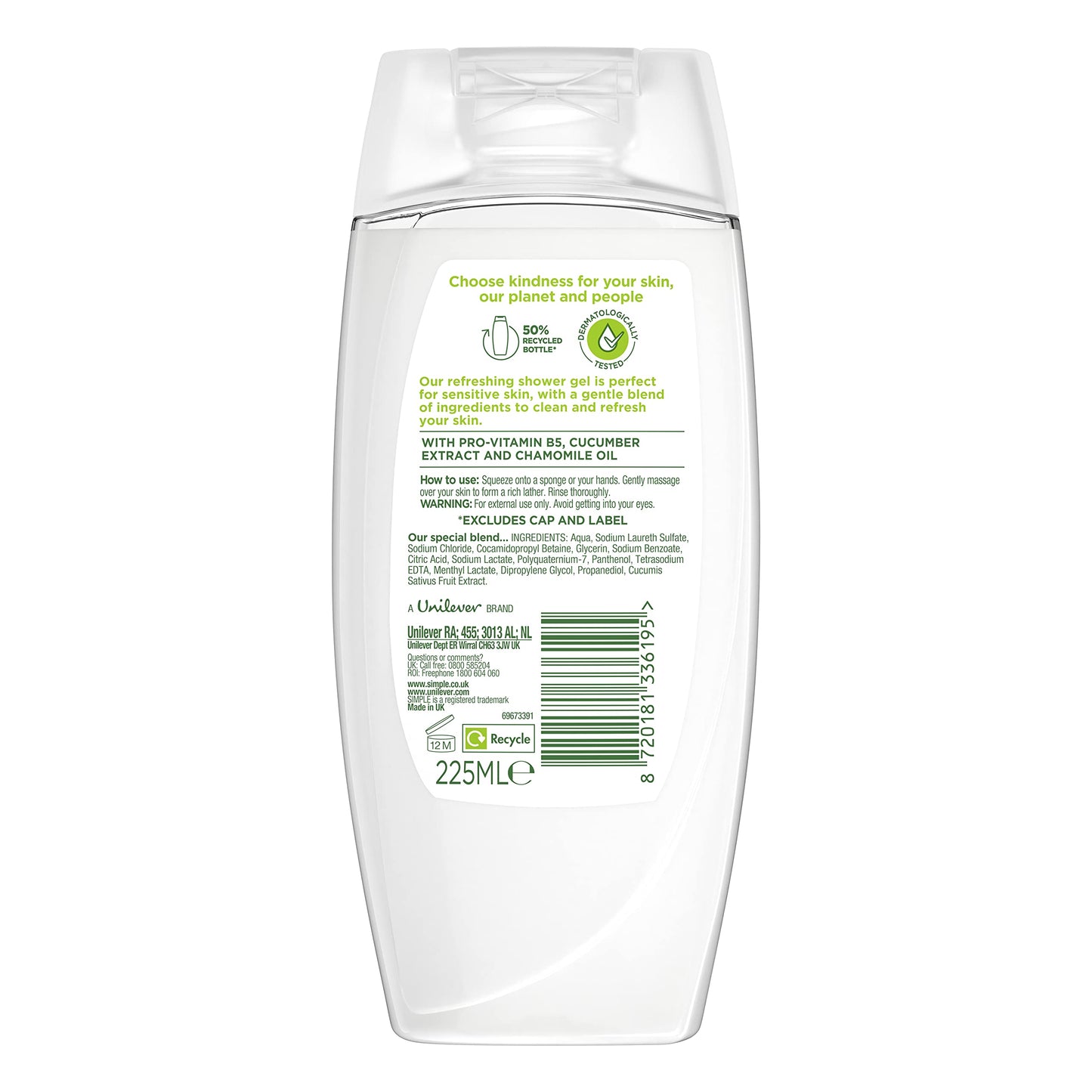 Simple Kind to Skin Refreshing Shower Gel pack of 6 body wash with natural cucumber extract for dry skin 225 ML