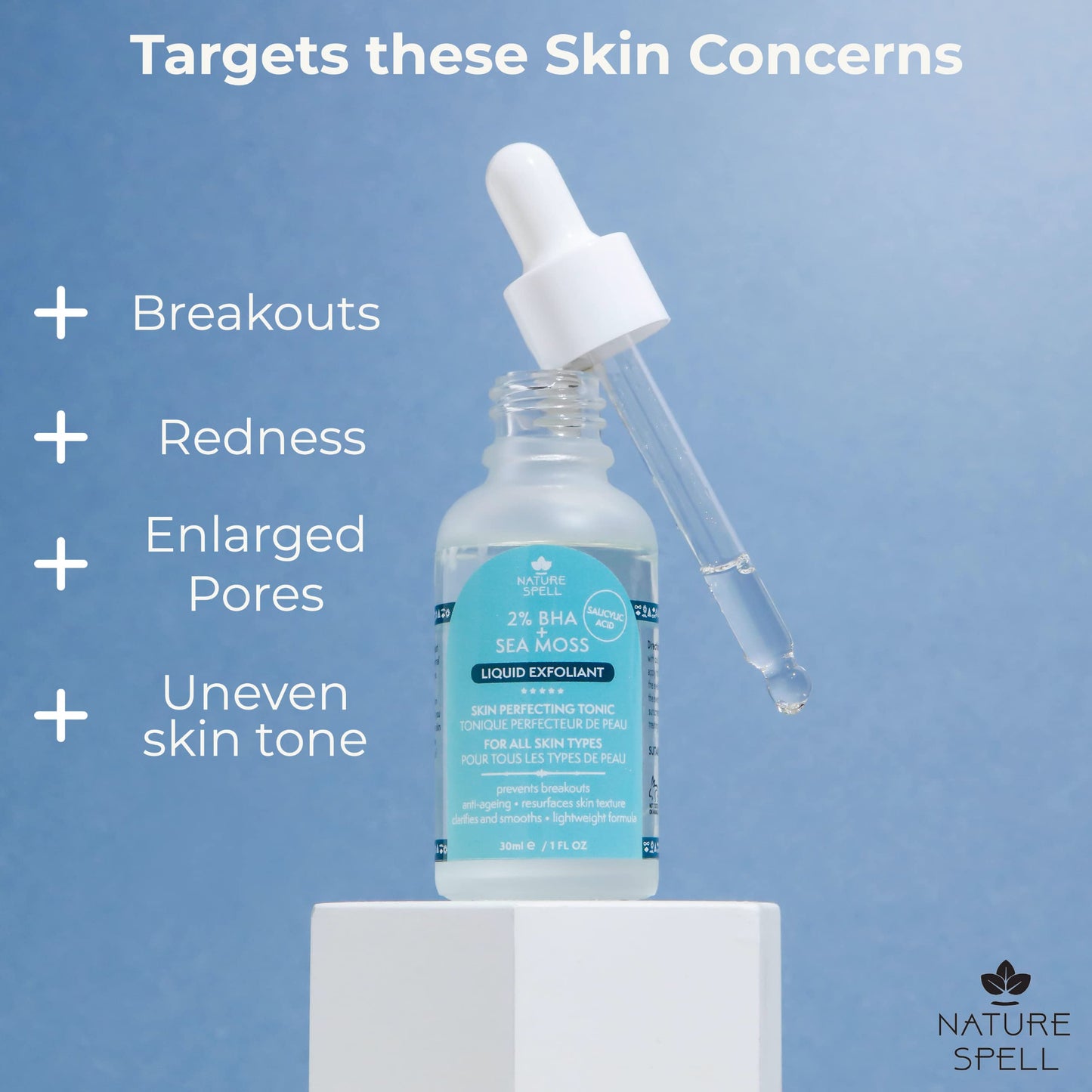 Nature Spell 2% BHA Liquid Exfoliant - Salicylic Acid Skin Perfecting Tonic 30ml Infused with Sea Moss Face Exfoliating Peel Prevent Breakouts and Minimise Pores - Made in the UK