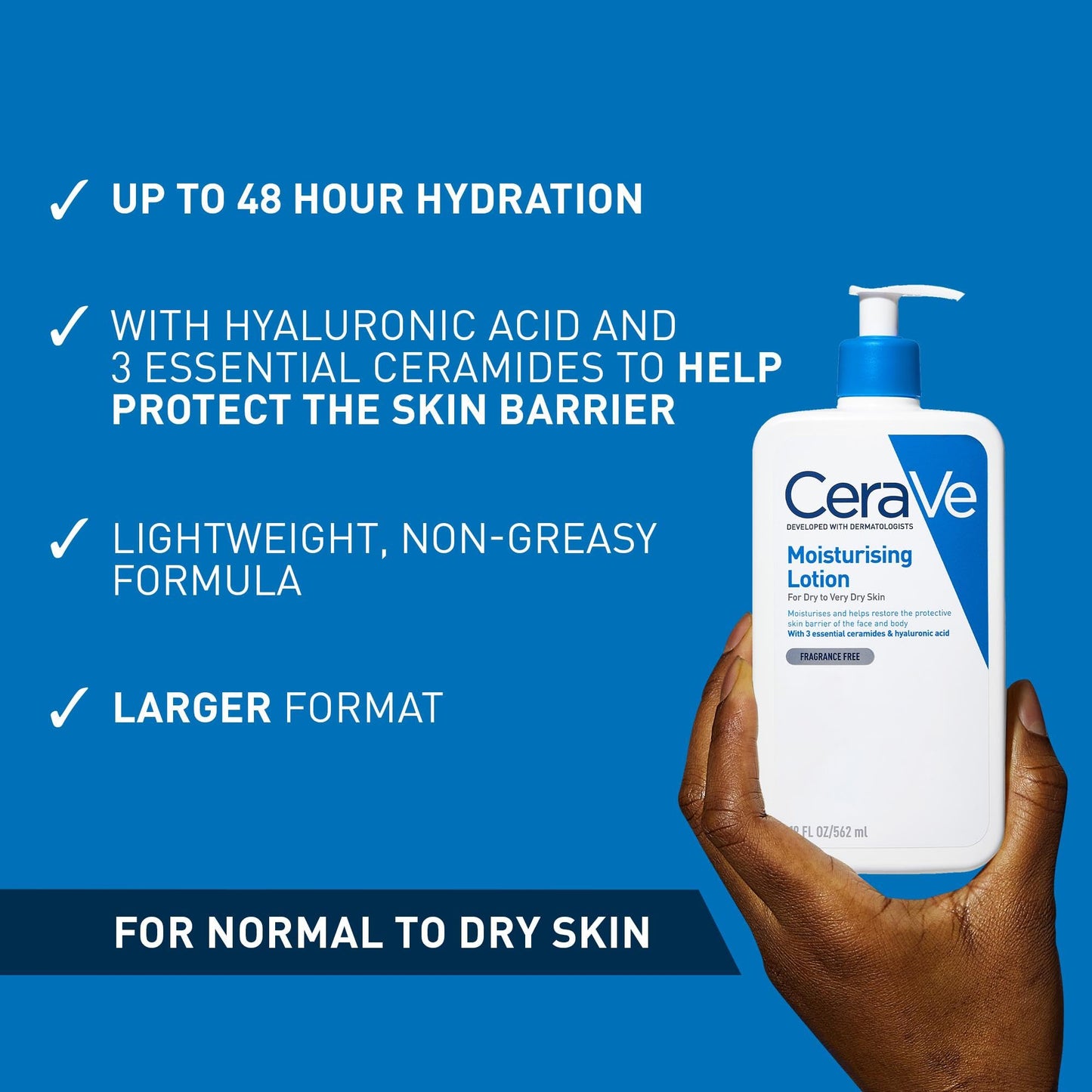 CeraVe Moisturising Lotion for Normal to Very Dry Skin 562 ml, Face and Body Lotion with Hyaluronic Acid and 3 Essential Ceramides, CeraVe Face and Body Moisturiser