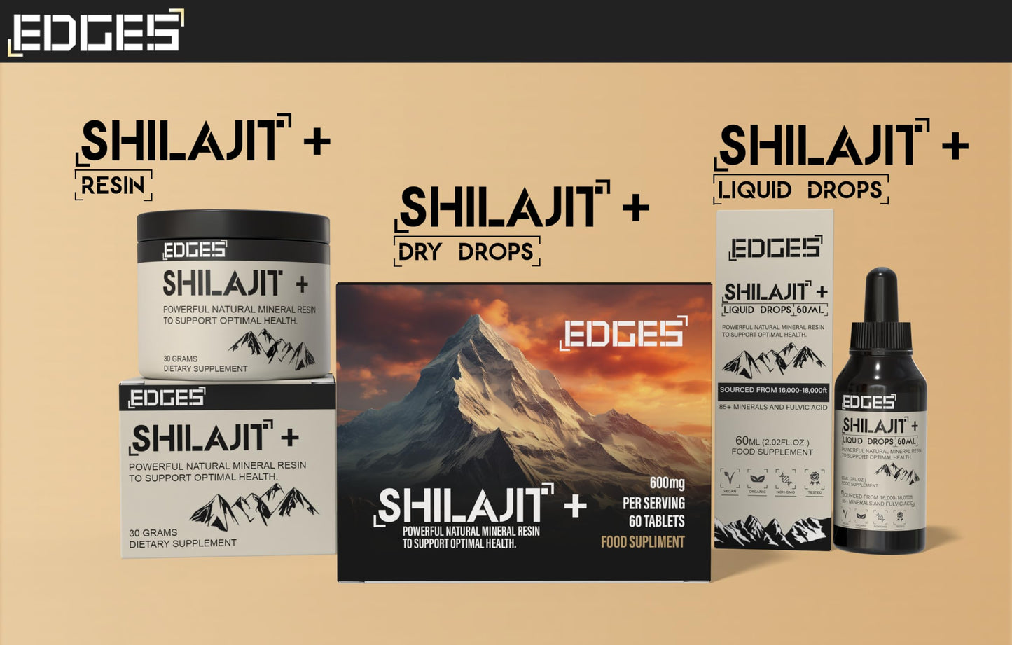Edges 600mg Shilajit Dry Drops - 100% Original Himalayan Shilajit - Gold Grade Pure, Rich in Fulvic & Humic Acid, Minerals, Immune Support & Energy Booster - 1 Month Supply
