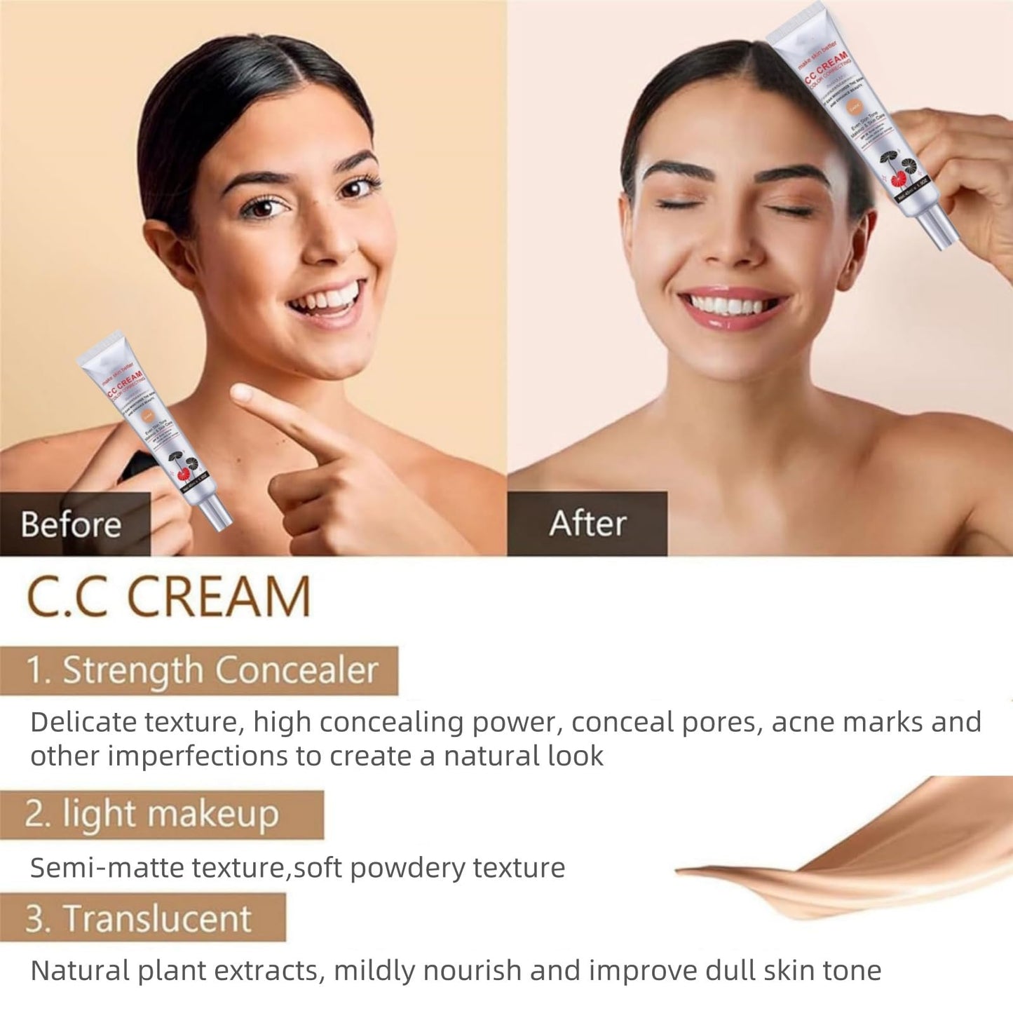 2PCS CC Cream,CC Cream Foundation,Korean CC Cream Colour Changing,CC Cream Foundation For Mature Skin,CC Cream Colour Correcting,CC Cream Tinted Moisturiser,Korean CC Cream Foundation(Light+Dark)