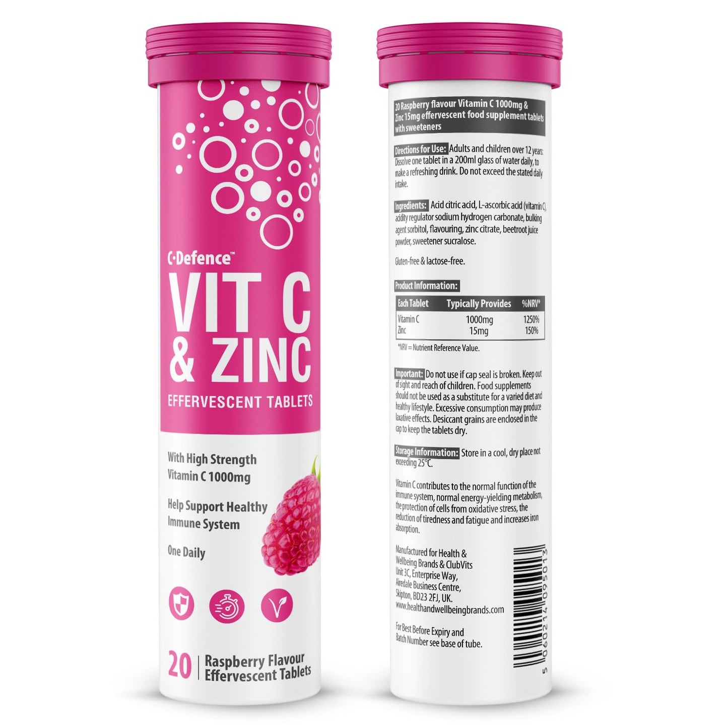 Vitamin C 1000mg & Zinc 15mg Raspberry Flavour Effervescent Tablets - High Strength Tablets for a Healthy Immune System (2 Tubes)