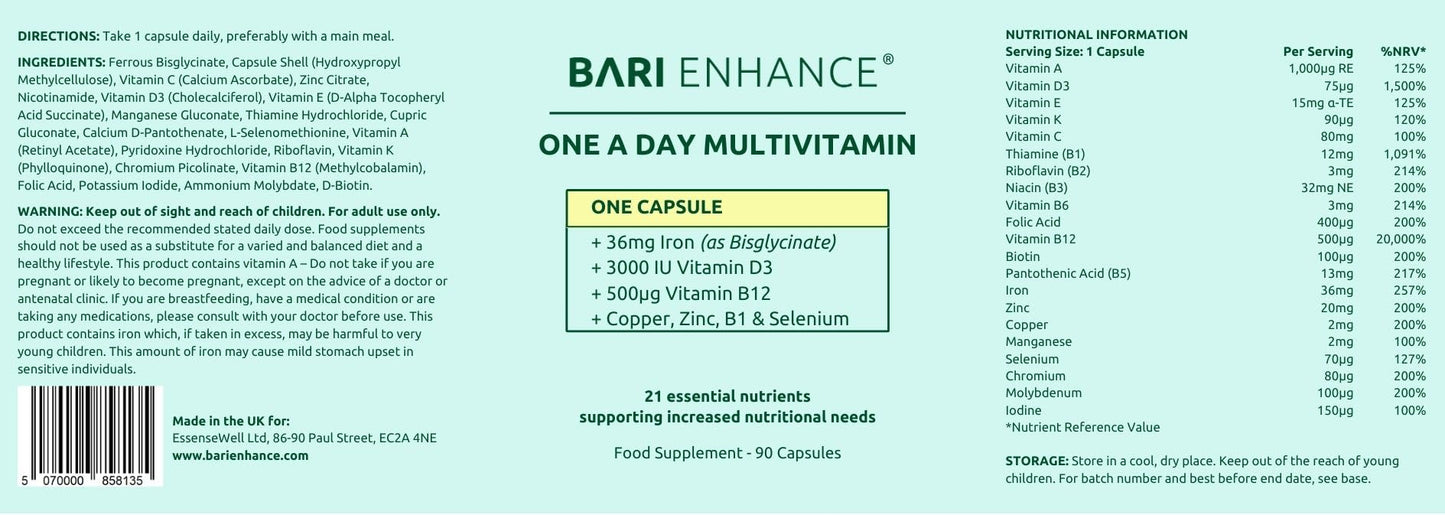 Bari Enhance 3 Month Supply - Bariatric Multivitamin with Iron 36mg | One A Day Bariatric Vitamins for Gastric Bypass and Gastric Sleeve | ADEK Vitamins Bariatric Vitamin D and B12 | 90 Easy to Swallow Capsules