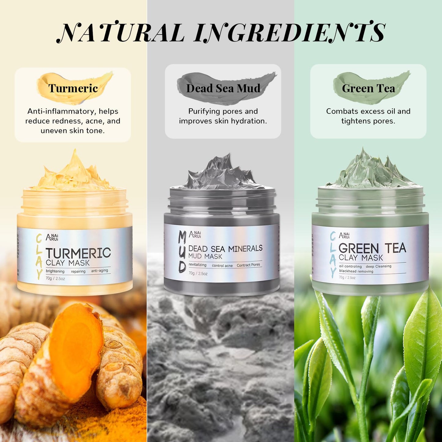 ANAI RUI ANAiRUi Face Mask Gift Set for Christmas 70g*3, Turmeric Clay Mask - Green Tea Clay Face Mask - Dead Sea Minerals Mud Mask, 210 G