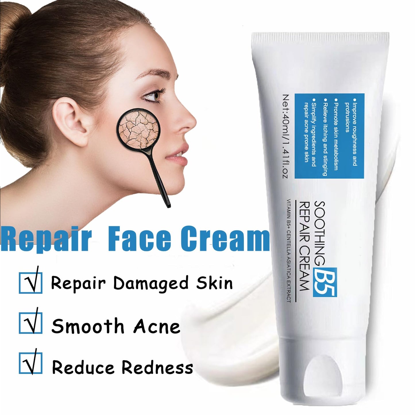 DMQ Repair Face Cream,Smoothing Day Cream,Anti Redness Moisturiser Cream,Firming Face Cream For Sensitive Skin,Face Moisturizer For Women & Men,Vitamin B5 Cream For Acne,Brightening & Repair Damage Skin
