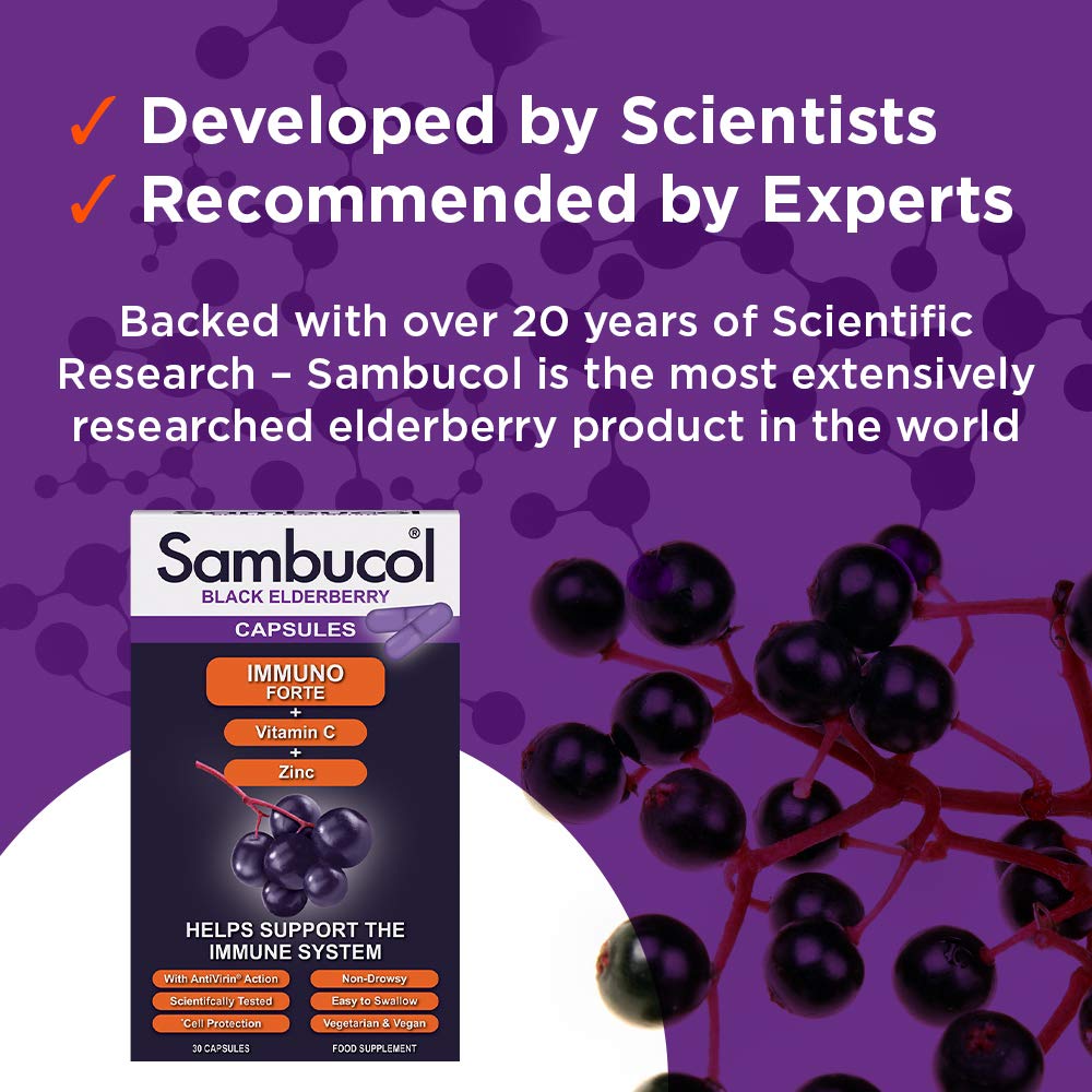 Sambucol Natural Black Elderberry Immuno Forte Capsules | Vitamin C | Zinc | Immune Support Supplement | 30 Capsules