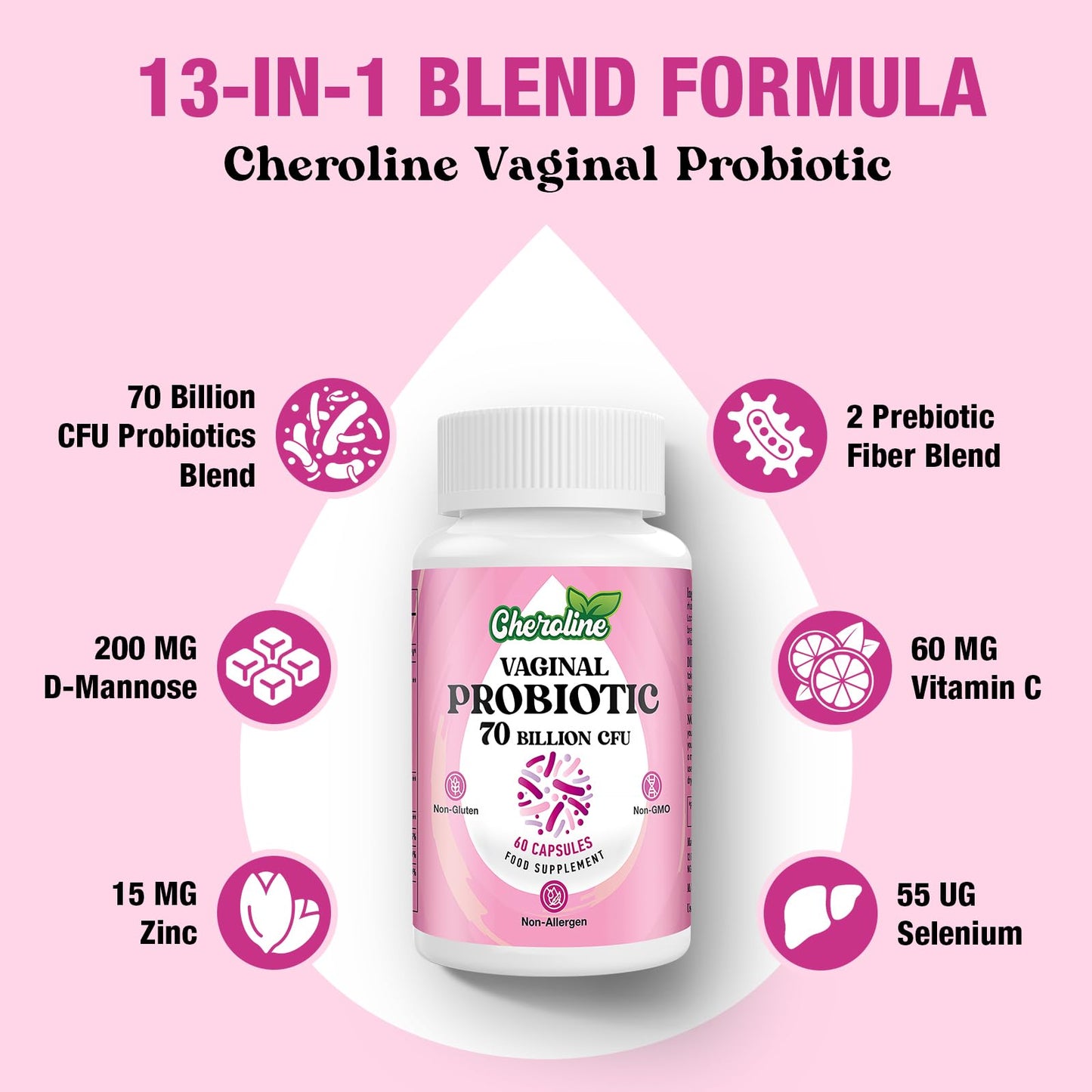 Cheroline Vaginal Probiotics for Women, 70 Billion CFU, 7 Strains with Prebiotic Blend, 13-in-1 Probiotic for PH Balance, Vaginal, Urinary & Immune Health, 60 Vegan Capsules (60 Count (Pack of 2))