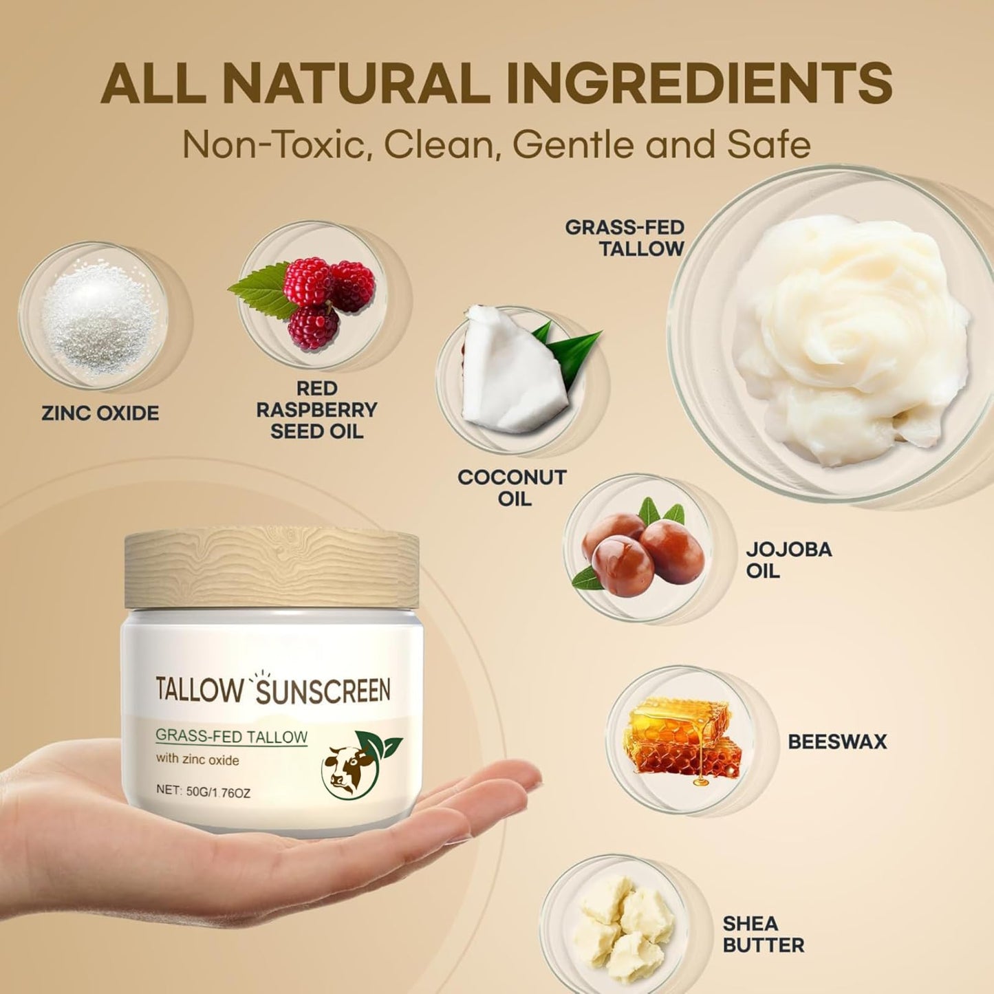 IZBEAUVO Tallow Sunscreen with Zinc Oxide, 100% Grass Fed Beef Tallow Moisturiser & Non Nano Zinc Oxide Sunscreen, Organic Sunblock, Non Greasy Natural Formula, Suitable for Dry Sensitive Skin, Fresh Scent