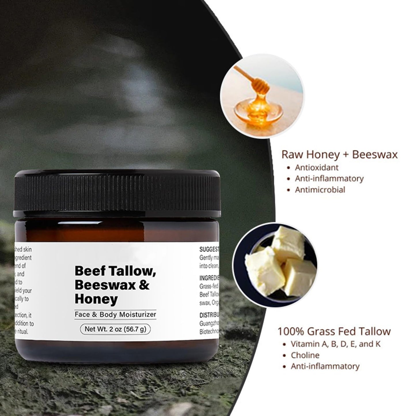 Beef Tallow Beeswax and Honey Face Moisturizer, Nourishing & Moisturizing, Purely Natural OrganicTallow Beeswax Honey Moisturizer for Face & Body - 2 oz