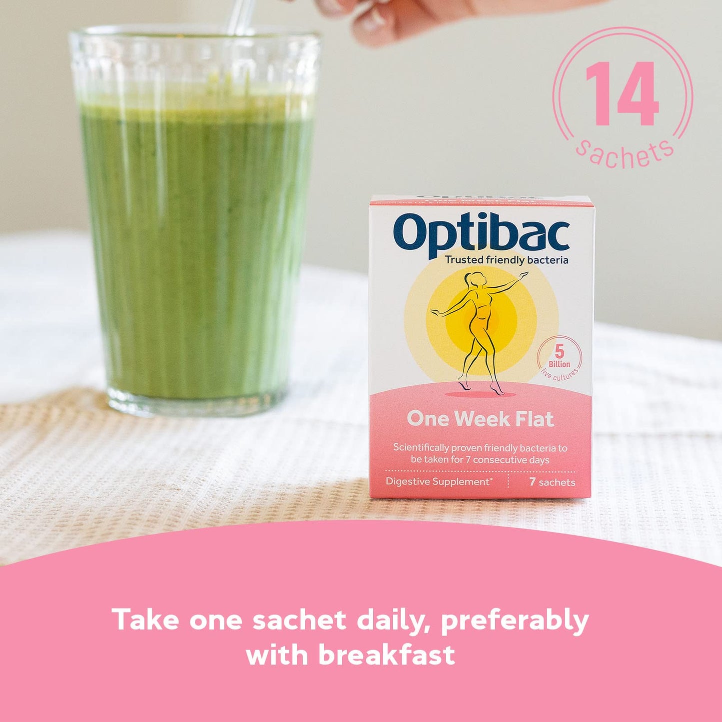 OptiBac Optibac Probiotics One Week Flat - Vegan Digestive Probiotic Supplement Suitable for Bloating with 5 Billion Bacterial Cultures - 2 Week Supply, 14 Sachets