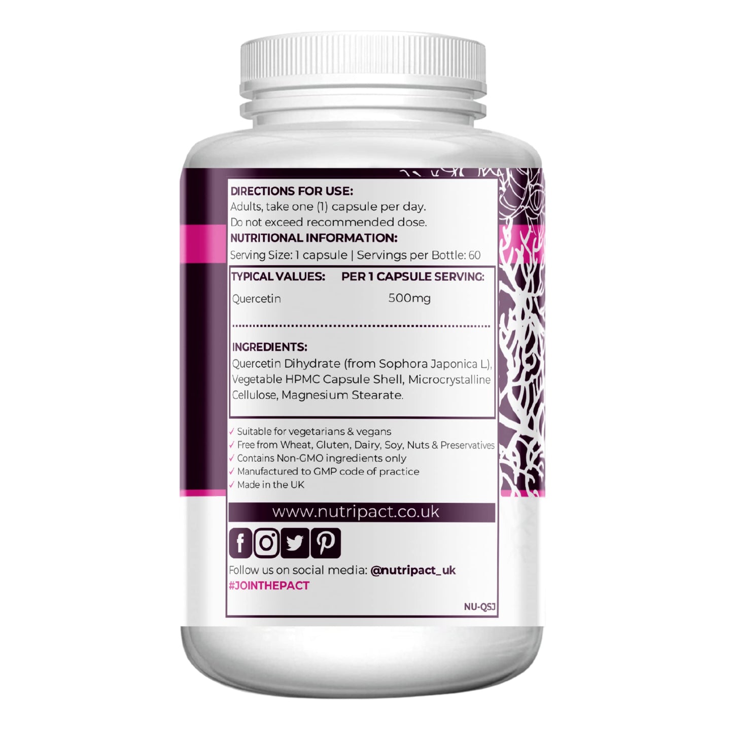 Quercetin 500mg - High Strength Antioxidant Immune Support Pure Quercetin Supplement, One a Day Formula – Easy to Swallow - 60 Vegan Capsules - 2 Month Supply - Made by Nutripact