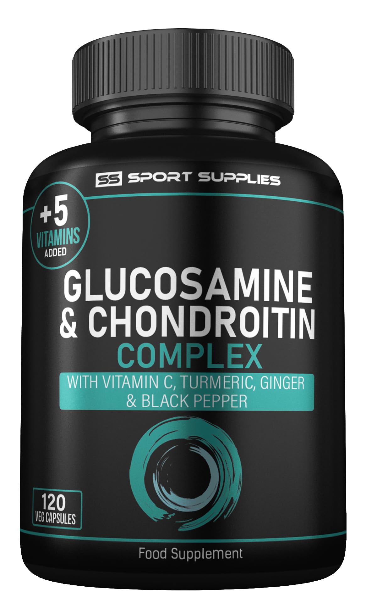 Glucosamine and Chondroitin High Strength Plus 5 Vitamins - 120 Complex Capsules 1,000mg (Providing 530mg Base) - Chondroitin 200mg - Added Turmeric, Ginger, Black Pepper, Vitamin C, B6, B1, D3 & B12