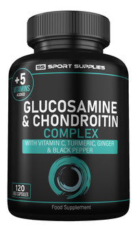 Glucosamine and Chondroitin High Strength Plus 5 Vitamins - 120 Complex Capsules 1,000mg (Providing 530mg Base) - Chondroitin 200mg - Added Turmeric, Ginger, Black Pepper, Vitamin C, B6, B1, D3 & B12