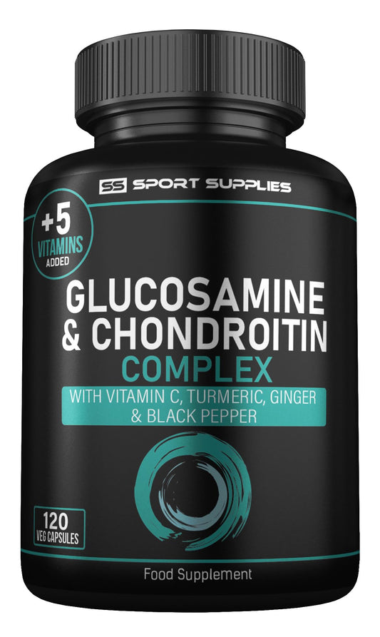 Glucosamine and Chondroitin High Strength Plus 5 Vitamins - 120 Complex Capsules 1,000mg (Providing 530mg Base) - Chondroitin 200mg - Added Turmeric, Ginger, Black Pepper, Vitamin C, B6, B1, D3 & B12