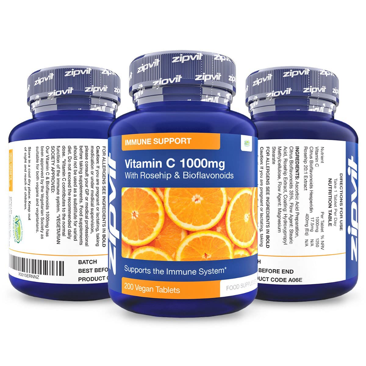 Vitamin C 1000mg with Bioflavonoids, 200 Vegan Tablets. Supports The Immune System. Contributes to a Reduction in Tiredness and Fatigue.