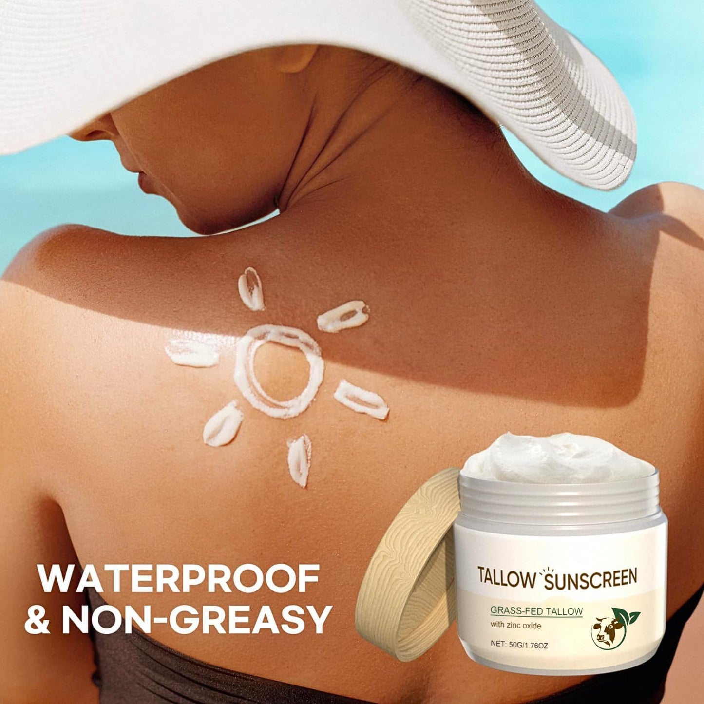IZBEAUVO Tallow Sunscreen with Zinc Oxide, 100% Grass Fed Beef Tallow Moisturiser & Non Nano Zinc Oxide Sunscreen, Organic Sunblock, Non Greasy Natural Formula, Suitable for Dry Sensitive Skin, Fresh Scent