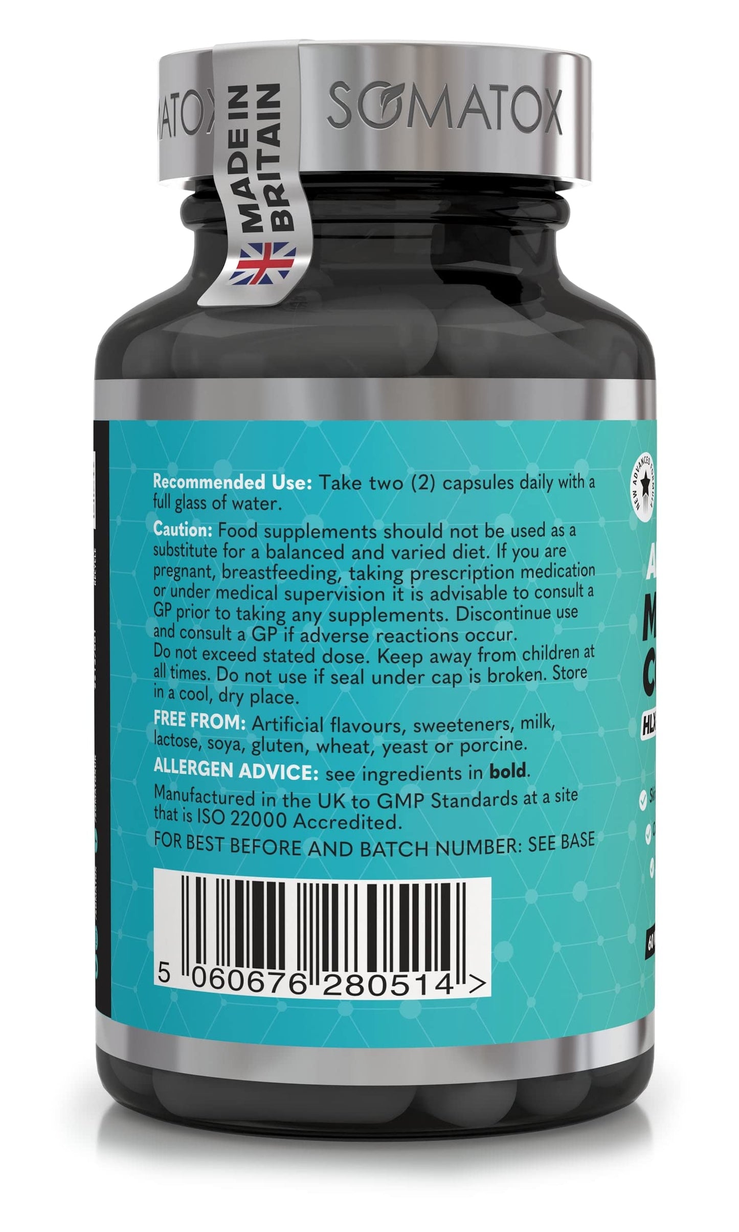 Somatox New Advanced Marine Collagen Plus – with HLX-BIOTIN™ Complex - Hydrolysed Type 1 with Hyaluronic Acid Plus & Vitamins C, E & D3-30 Day Supply Veg Capsules – Made UK GMP Certified