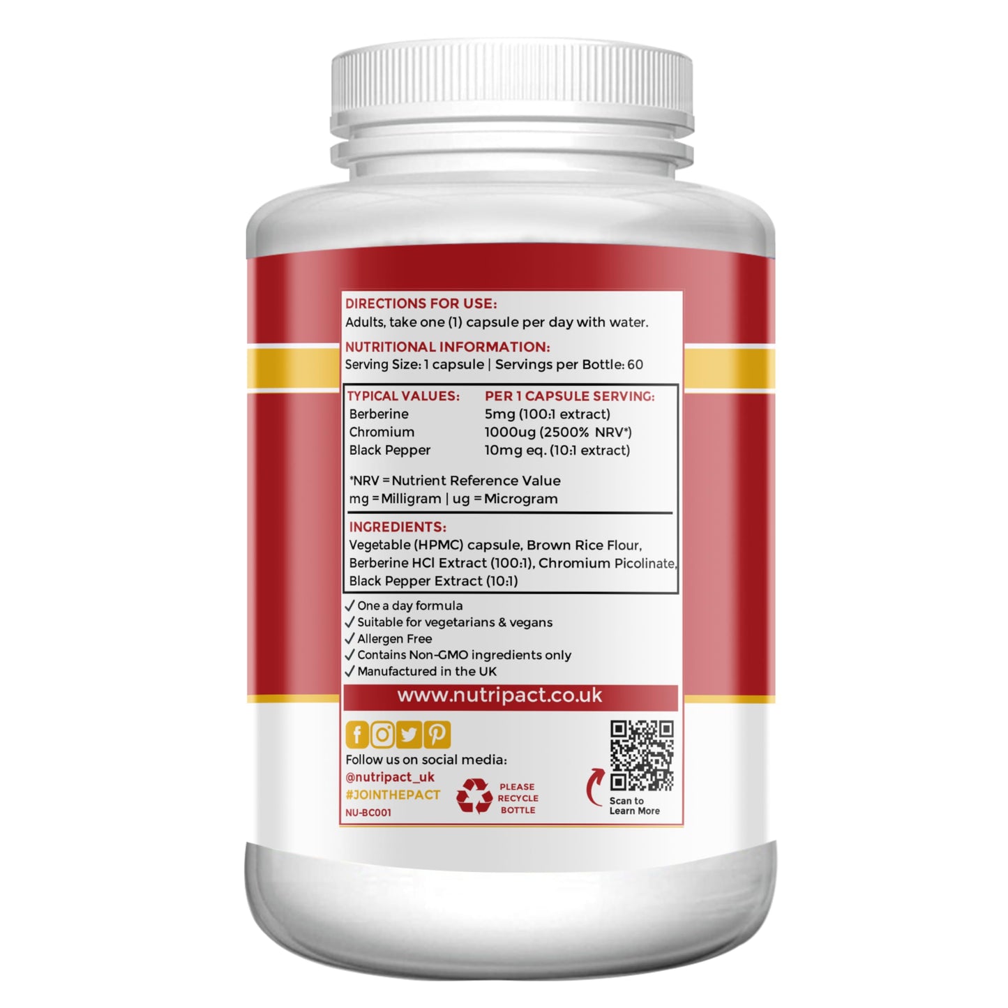 Nutripact Berberine Supplement with Chromium Picolinate and Black Pepper - 60 Vegan Capsules (not Tablets) High Strength 500mg - Made in The UK