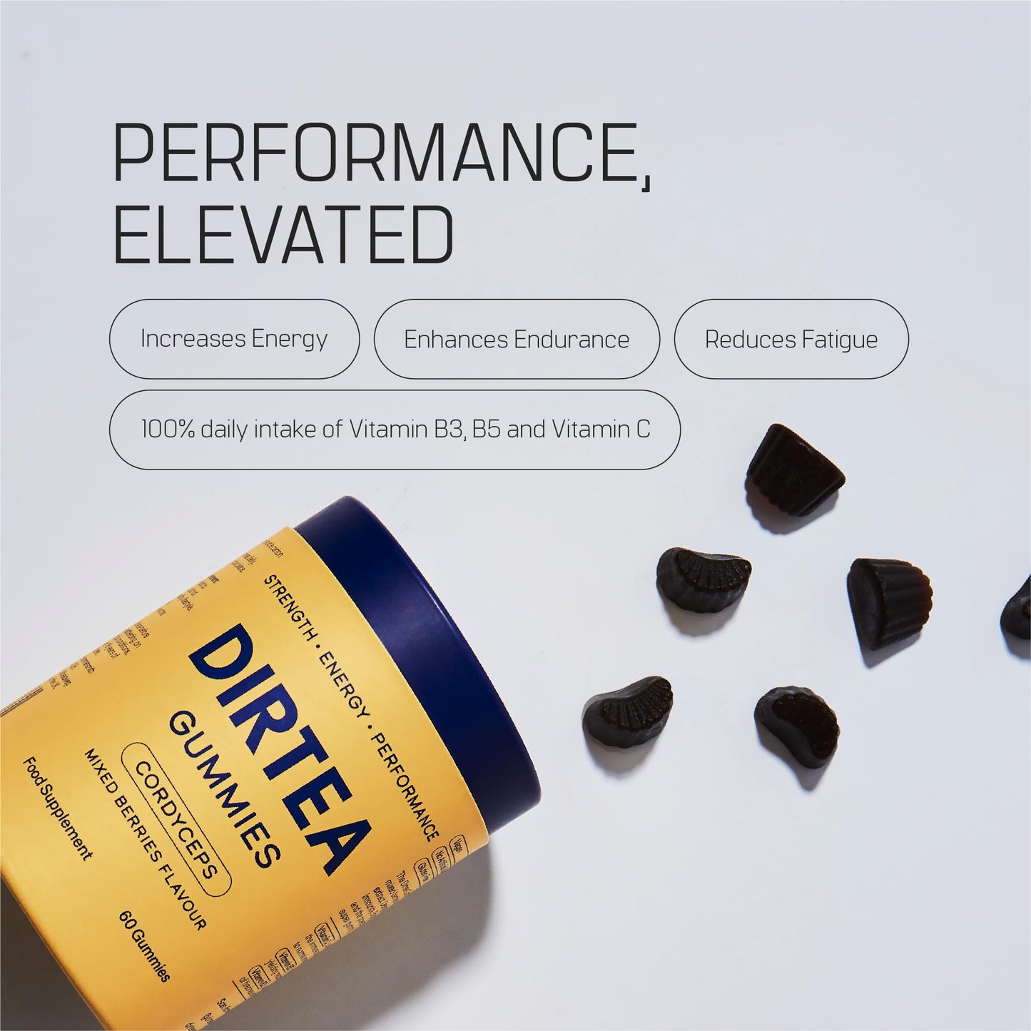 DIRTEA 60 Cordyceps Mushroom Gummies | 3,000mg / Serving | Vegan, Natural & Sugar Free | Vitamin C, B3 & B5 | Energy & Performance Supplement | 60 Gummies (30 Servings) - Mixed Berries Flavour