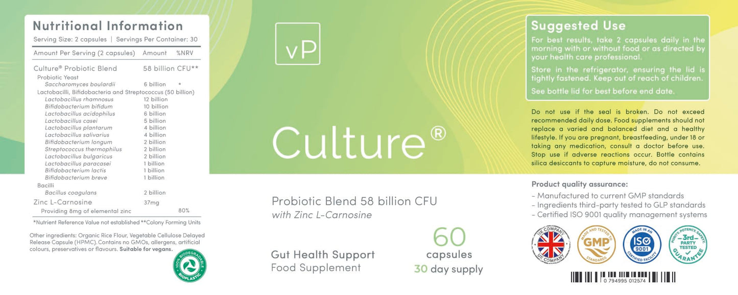 vP Vitality Pro Probiotic Culture® 58 Billion CFU - UK’s First Genuine Third-Party Tested, 14 Strains, 60 Capsules, 30 Day Supply – GMP Manufacturing, Digestive & Gut Health