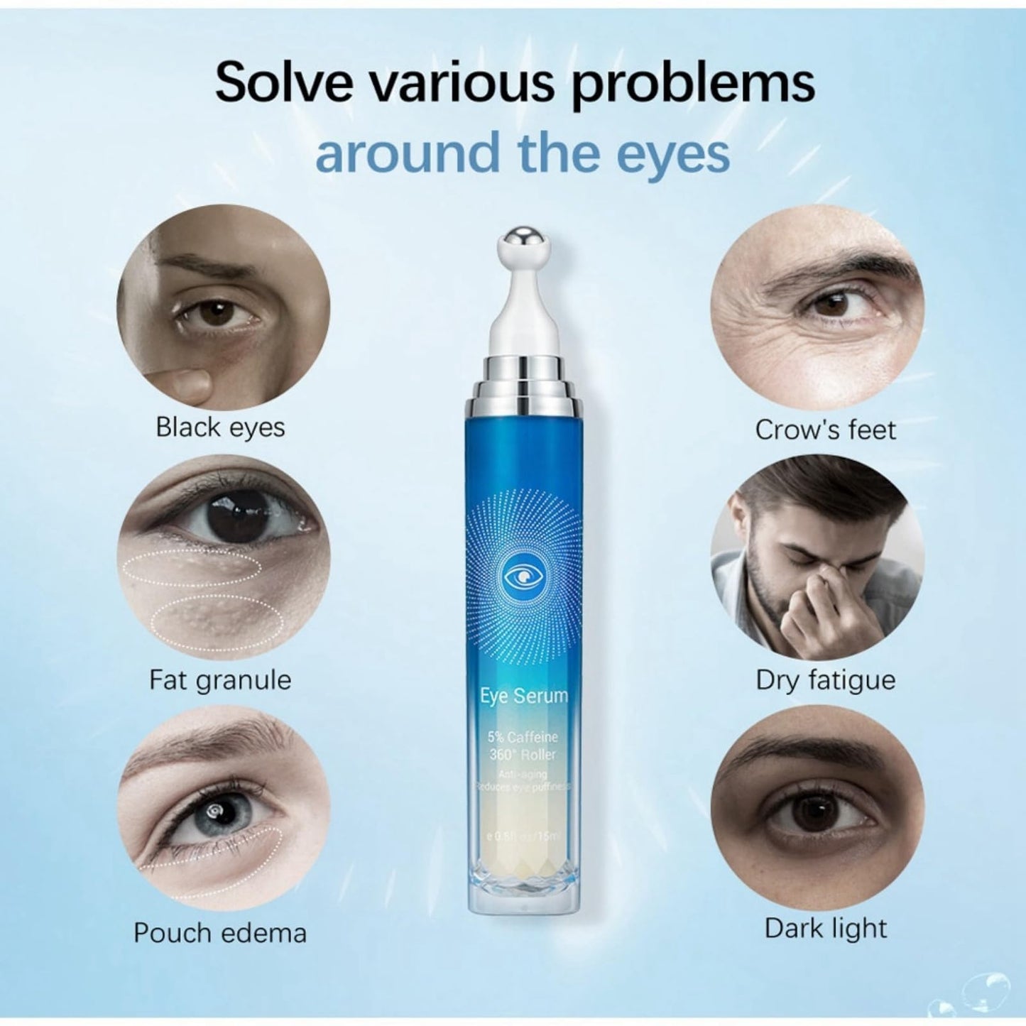 AINxtolm 5% Caffeine Eye Serum Roller,Eye Cream for Dark Circles and Puffy Eyes,Caffeine Eye Cream with 360° Massage Ball,Dark Circles Under Eye Treatment,Eye Cream for Eye Bags Remover,Eye Cream Anti Aging
