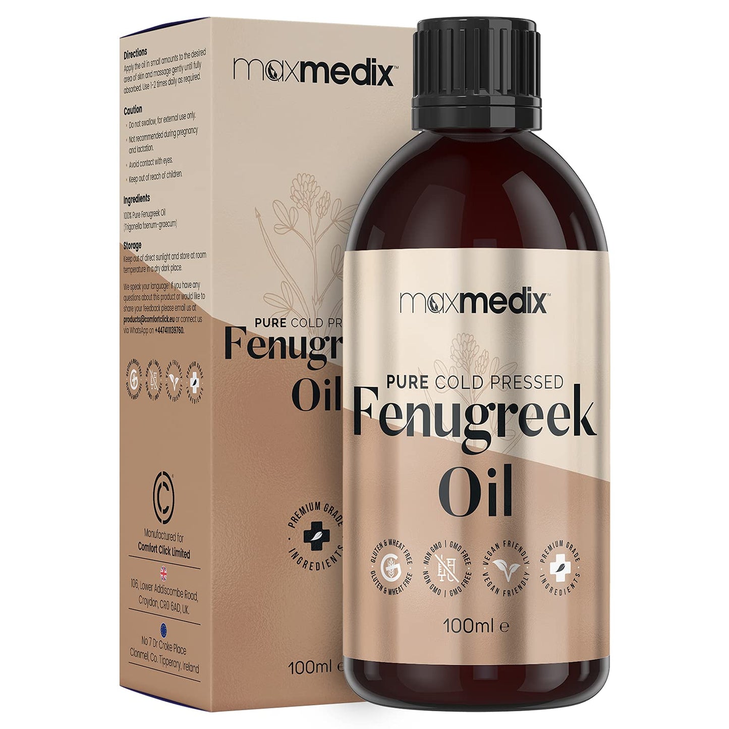 Fenugreek Oil 100ml - Pure Cold Pressed Fenugreek Extract Oil For Skin, Body, Nails & Hair - Fenugreek Essential Oil For Beard growth, Hair Growth & Toned Skin - Vegan Friendly - For Both Women & Men