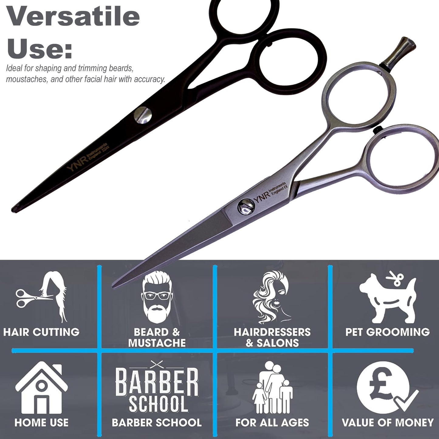 YNR Instruments England | Beard Moustache Scissors | Professional German Steel Mustache Trimming | Hand Forged Precision Edge Men Facial Hair Grooming Kit All Body Hair (Black)