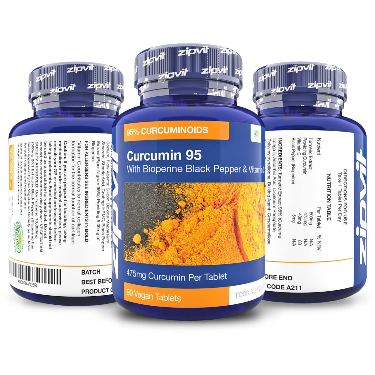 Curcumin 95 with Bioperine, Turmeric Curcumin Supplement with 95% Active Curcumin. 90 Vegan Tablets, 3 Months Supply. Vegetarian Society Approved Curcumin Supplement.